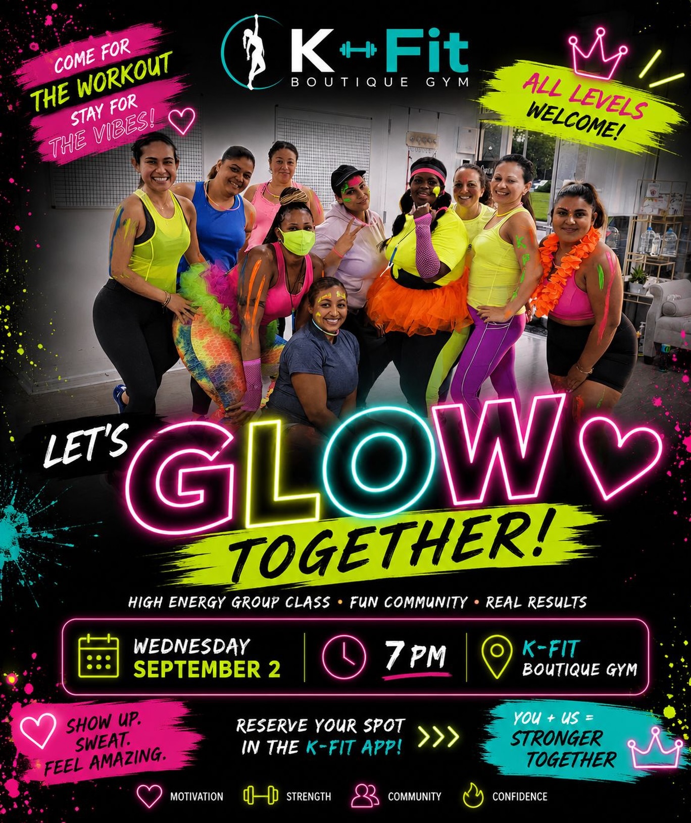 NEXT WEDNESDAY, WE GLOW. 💚💗⚡
We’re turning Wednesday night into a NEON WORKOUT PARTY! 🔥
Come dressed in your brightest neon and get ready to dance, sweat, laugh and LIGHT UP K-Fit. ✨
📅 Wednesday, September 2
⏰ 7 PM
💵 $25 Drop-In
🌈 Neon attire HIGHLY encouraged!
Tag your workout bestie and come ready to GLOW. 💃🏽⚡
Reserve your spot in the K-Fit App!