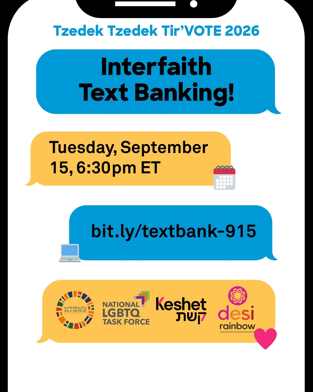 🗳️Get Out the Vote!
⏰ Tuesday, September 15 at 6:30 PM ET
📍 Location: Zoom
🔗RSVP: bit.ly/textbank-915 (linktree in bio)
✊🏽LGBTQ+ and immigrant rights are under attack, and federal and state policies are leaving Desi LGBTQ+ folks and their families at risk. It is imperative that we get out the vote during the midterms to fight for our future.
🌈Desi Rainbow is joining @keshetlgbtqjews, @intrfthalliance and @thetaskforce, for a special interfaith textbanking opportunity to reach voters on Tuesday, September 15th at 6:30 pm ET! Sign up at linktree in bio.
🗳️Desi volunteers can take part in important follow-up conversations with everyday voters to ensure they have the info they need to vote. We will provide everything you need to participate, including training – and no need to use your own phone number!
#GOTV #textbanking #SouthAsiansVote #interfaith