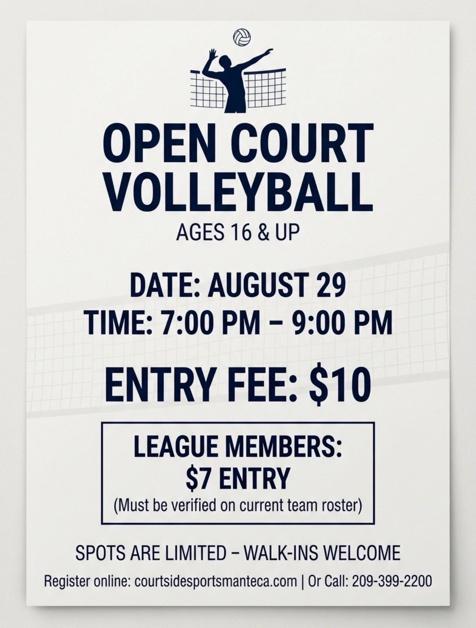 π CALLING ALL VOLLEYBALL PLAYERS! ππ₯
Ready to lace up and get on the court? Open Court Volleyball is happening TOMORROW NIGHT, August 29th, from 7:00 PM to 9:00 PM! Whether youβre a seasoned pro or just looking to have some fun, all skill levels are welcome!
Here is everything you need to know:
* π€ Ages: 16 & Up
* π° Entry Fee: $10
* π League Members: Only $7 (Entry fee will be verified against current team rosters)
* π Provided: Nets and volleyballs are fully provided by us!
π What to Bring & Rules:
* Tennis shoes are strictly required on the court.
* Bring your own hydration! Only water and closed-lid drinks are permitted on the court (no open lids).
π¨ Important Spot Reservation Info:
Spots are limited! You can pay at the door, but availability is not guaranteed. To secure your spot ahead of time, you must pre-pay online or over the phone.
Donβt miss out on a great night of volleyball. Lock in your spot right now
π Register Online: courtsidesportsmanteca.com
π Or Call: 209-399-2200
Tag your squad, your teammates, or your favorite setting partners below. Letβs pack the courts tomorrow night!
#courtsidesportsmanteca #flightvolleyball #opencourt #volleyballlife #209volleyball