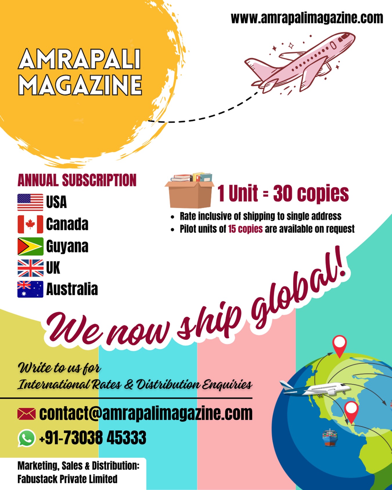 AMRAPALI MAGAZINE now ships ✈️ global!
.
Connect with us for ANNUAL SUBSCRIPTION delivering to a single address. This is a perfect package for: * Cultural Institutions
* Educational Organisations
* Social Organisations
* Communities and
* Indian Diaspora.
.
1 Unit = 30 copies
(Pilot Unit of 15 copies available on request)
.
CONNECT WITH US:
+91-73038 45333
contact@amrapalimagazine.com
———————————————-
www.amrapalimagazine.com
