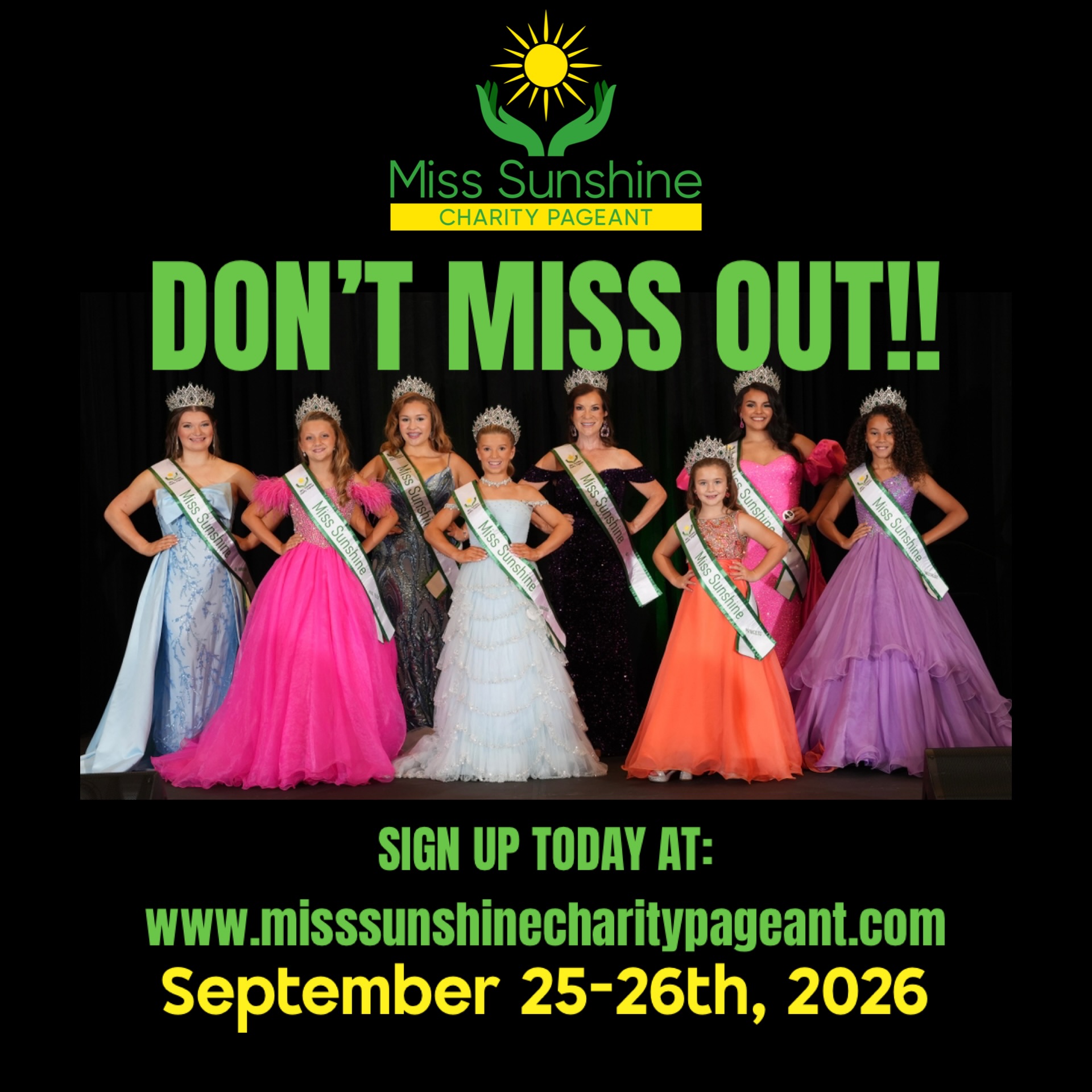 🚨☀️ LESS THAN ONE MONTH TO GO! 👑
The countdown to the Miss Sunshine Charity Pageant is officially ON! Are you ready to step on stage, make new friends, compete for an incredible prize package, and maybe take home a crown of your own? 👑✨
Don’t wait until the last minute—registration is OPEN, but time is running out!
📅 September 25–26, 2026
📍 Orlando, FL
☀️ Ready to join us?
Visit www.misssunshinecharitypageant.com for details and to register TODAY!
Your crowning moment could be just weeks away! 👑💚💛
#MissSunshineCharityPageant #LessThanAMonth #WillYouBeNext #JoinTheSunshine #SpreadingSunshineThroughKindness