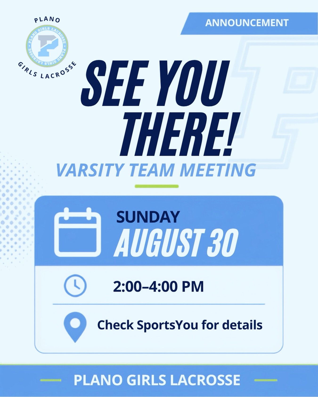 *VARSITY PLANO GIRLS LACROSSE MEETING*
Friendly Reminder that our Parents/Player Team Meeting is today! We will be sharing team details as we as we prepare for the upcoming season.
📅 Date: 8/30/26
⏰ Time: 2:00PM
*Light snacks and beverages provided*
Meeting Details in the SportsYou App. DM with any questions or reach out via email — playlax@planogirlslax.com
We hope to see everyone there! 🥍
#PlanoGirlsLacrosse