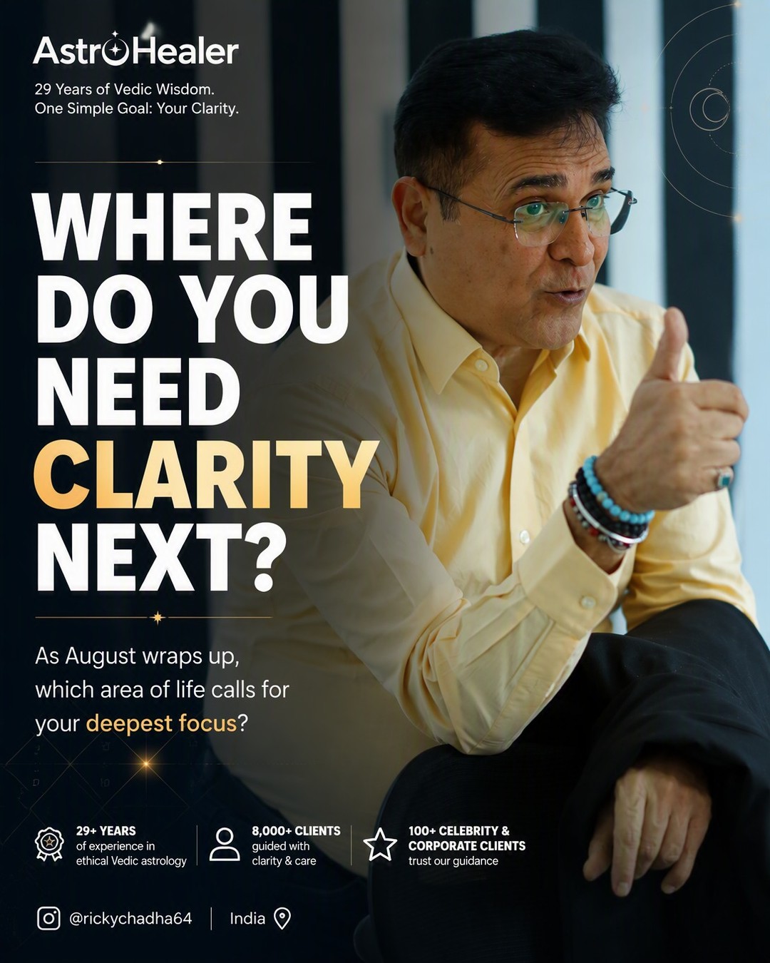 As August wraps up, which area of life calls for your deepest focus?
As we close out the month, stepping forward without a clear direction can feel exhausting. Authentic Vedic astrology is never about fear or fixed predictions—it is a conscious tool for self-reflection and confident decision-making.
Take a quick moment to check in with yourself:
1️⃣ Career & Business Transitions
2️⃣ Marriage & Relationship Dynamics
3️⃣ Spiritual Direction & Personal Growth
Drop 1, 2, or 3 in the comments below. To map your planetary dashas and gain personalized guidance, send a message to @rickychadha64.
#VedicAstrology #AstroHealer #ClarityOverFear #MonthlyReflection #ConsciousDecisions #BirthChartAnalysis #SelfGrowth