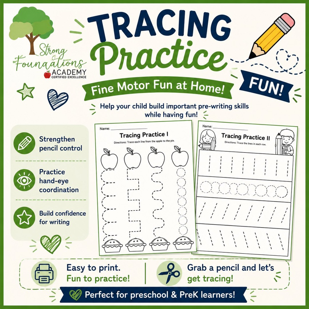 ✏️ FRIDAY FREEBIE! 💚
This week’s free printable is all about building those important pre-writing skills! Our Preschool & PreK Tracing Practice Pack gives little learners a fun way to practice the pencil movements they’ll eventually use for letters and numbers.
These simple tracing activities help children:
✏️ Strengthen pencil control
👀 Practice hand-eye coordination
💪 Build fine motor skills
⭐ Gain confidence for writing
And, of course, it’s completely FREE! 🎉
Head to StrongFoundationsAZ.com and click the Learning Library tab to download and print your copy. Save this post & share it with a preschool parent or teacher who loves a good freebie!
#FridayFreebie #PreschoolActivities #PreKActivities #FreePreschoolPrintables #TracingPractice #PreWritingSkills #FineMotorSkills #PreschoolLearning #PreKLearning #KindergartenReadiness #LearningAtHome #StrongFoundationsAcademy