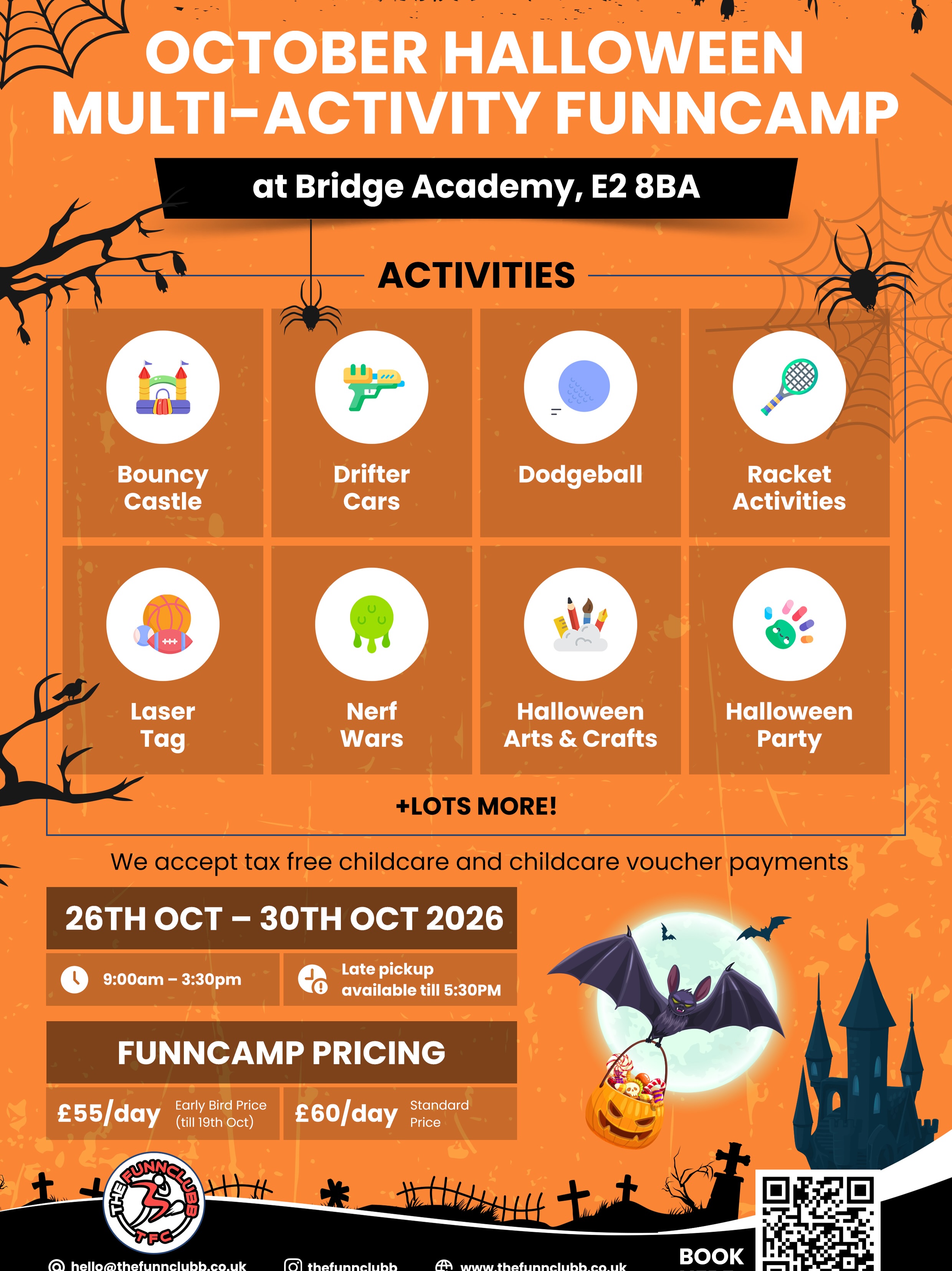 🎃 HALLOWEEN FUNNCAMP IS BACK! 👻
Go-karts 🏎️ Nerf Wars 🔫 Laser Tag Bouncy Castle 🏰 Dodgeball Halloween Arts & Crafts 🎨 + a Halloween Party 🎉 …and loads more!
📅 26th–30th Oct | 9am–3:30pm (late pickup till 5:30pm)
📍 All 4 camps
💷 Early Bird £55/day (book by 19th Oct!)
💳 Tax-Free Childcare & Vouchers accepted
Don’t let your little monsters miss out! 👻
👉 Book now — link in bio
#FunnCamp #HalloweenCamp #HalfTerm #Hackney #KidsActivities