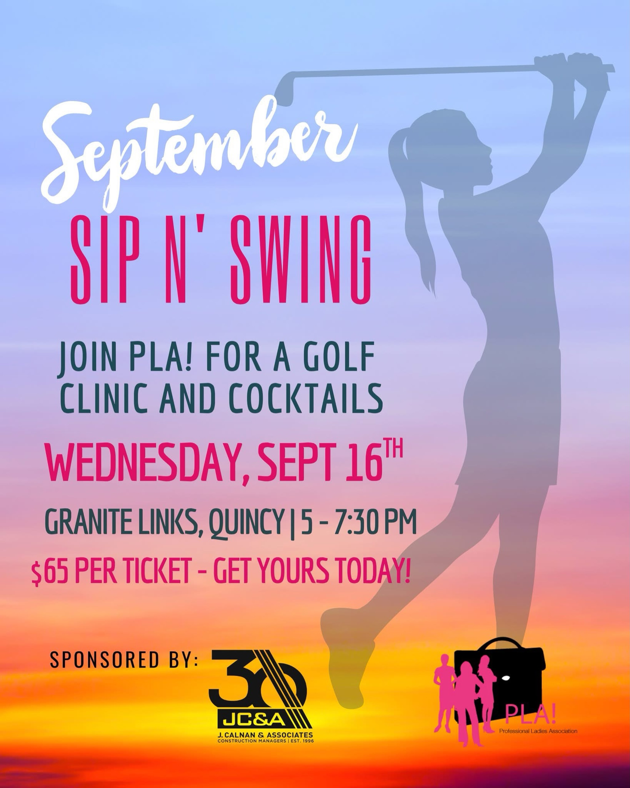 Join us for our final Sip ‘n Swing of the season, coming up on Wednesday September 16th at Granite Links Golf Club in Quincy, MA. Our June and July events were SOLD OUT and such a fun time... you don’t want to miss this one!
The Sip ‘n Swing series offers a perfect opportunity to brush up on your golf skills or learn the basics from one of the club pros, with plenty of time for networking in a gorgeous country club setting. Refreshments included!
We only have a handful of tickets left - get yours via Link in Bio, or linked in our stories!