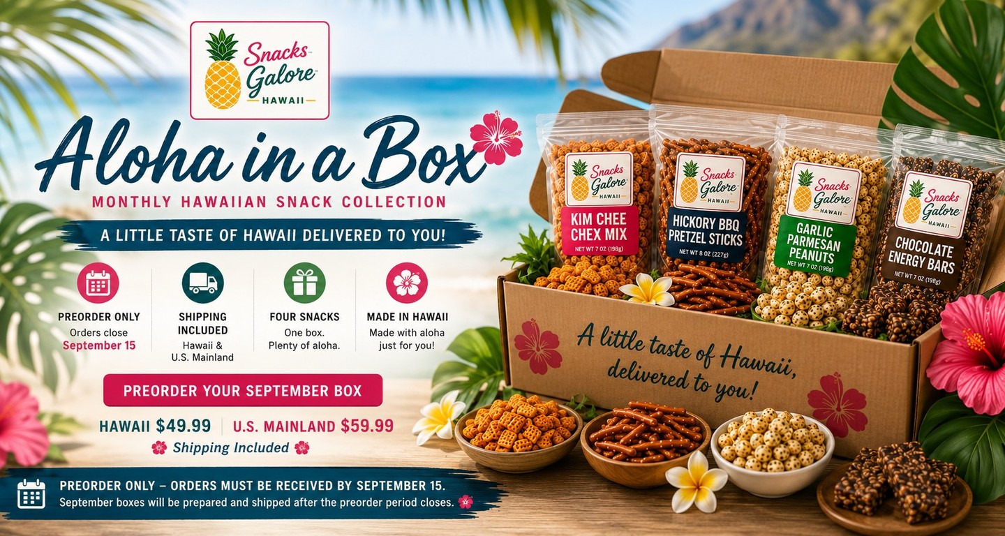 Something New Is Coming 🌺
Something delicious is coming from Snacks Galore Hawaii!
Get ready for Aloha in a Box — our NEW monthly Hawaiian snack collection bringing some of your favorite island flavors straight to your door.
Each month will feature a new combination of Snacks Galore favorites.
September's box is almost here! 🤙🌴
Order Yours Today! https://www.snacksgalorehawaii.com/aloha-in-a-box
Four snacks. One box. Plenty of aloha.