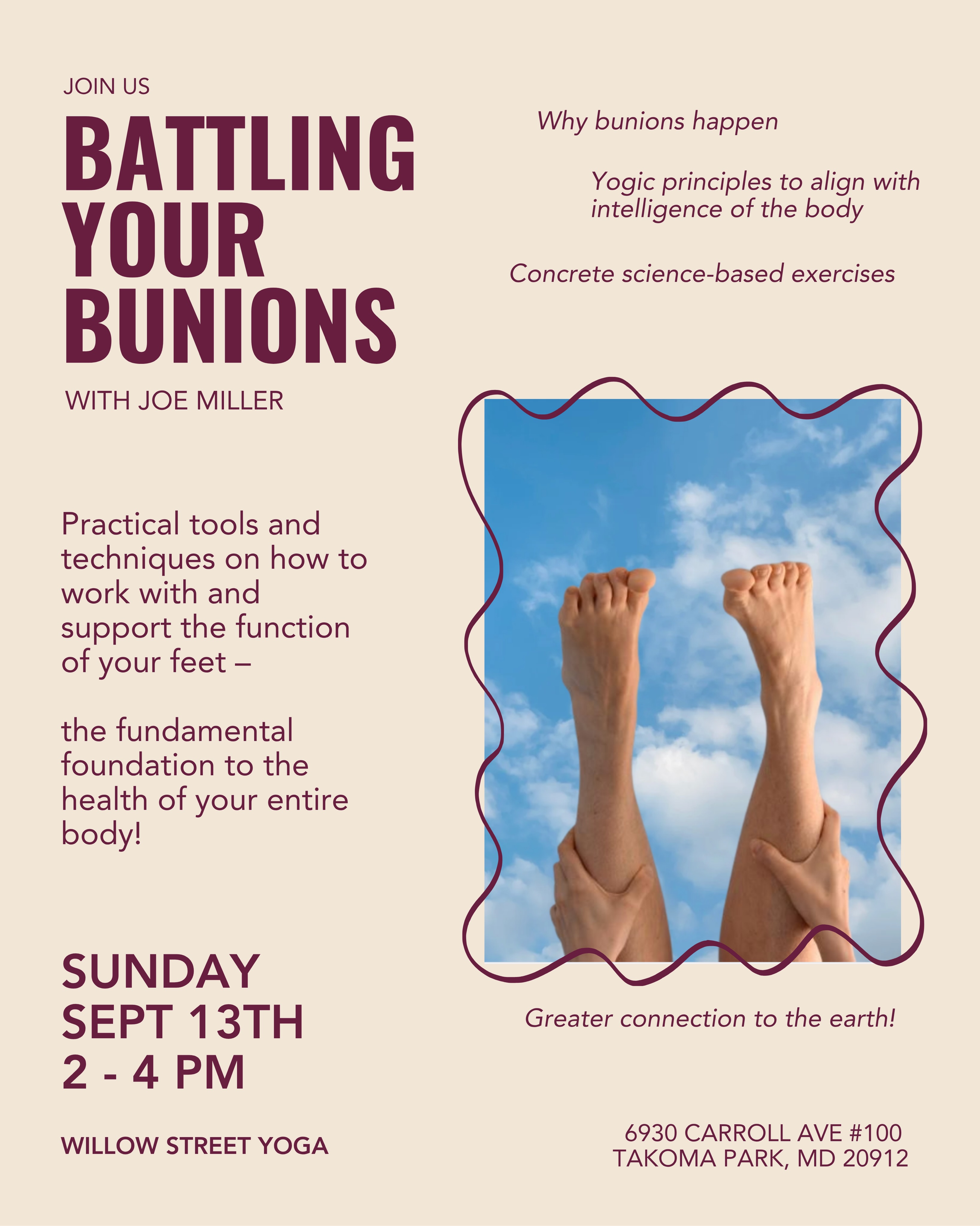 Your feet are fundamental to the health of your entire body. Just like if a house has a poor foundation - it will not be supported.
Join Joe Miller on Sunday, Sept 13th for a practical workshop on creating balance and harmony in your feet using yogic principles and science based exercises.
🦶