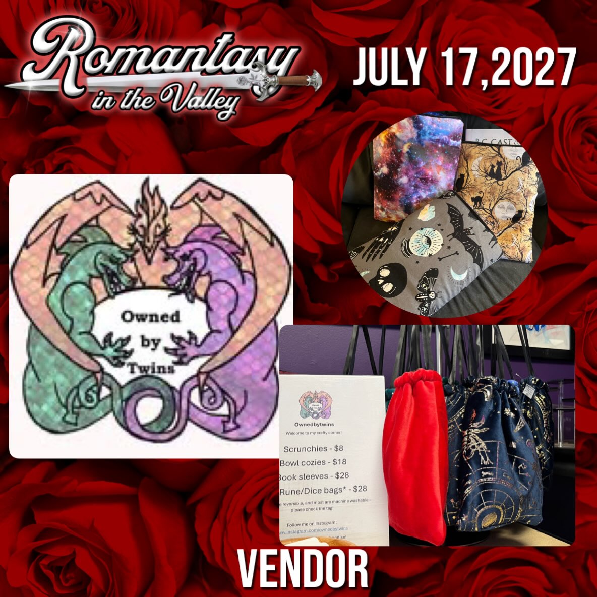 We are so excited to be announcing our lineup for RITV27! Continuing with our amazing vendors!
We are honored to welcome OWNED BY TWINS to our exhibitor hall ❤️
Jean has been sewing for decades, and now makes fun, bookish accessories!!!
7/17/27
BOUMI SHRINERS WHITE MARSH MD
TICKETS ON SALE 10/1/26 only $15
#ritv27 #romantasy #romantasyinthevalley #bookcon #ownedbytwins