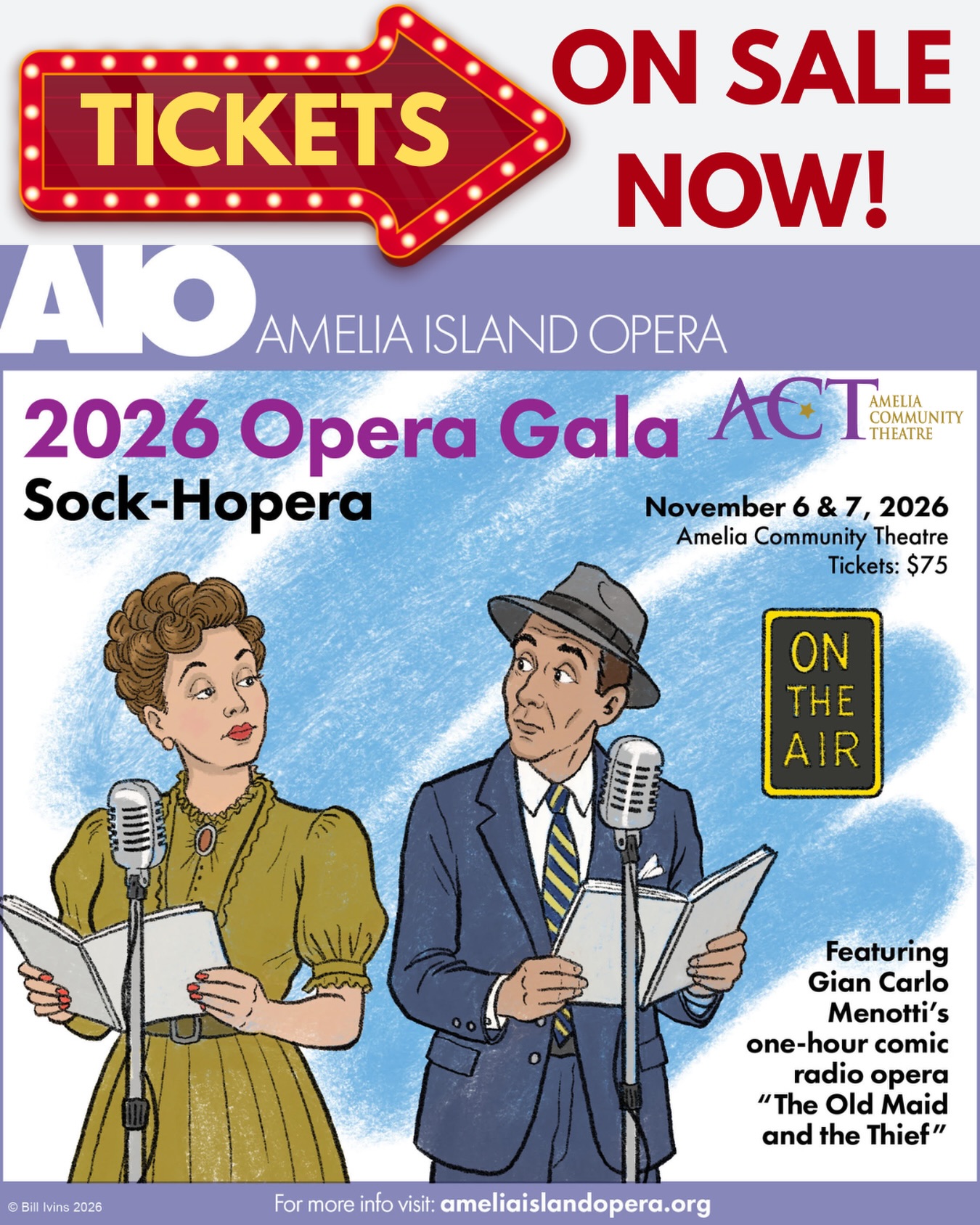 TICKETS ARE NOW ON SALE for our 4th Annual Opera Gala in collaboration with Amelia Community Theatre!
🎶✨ A Night at the Sock-Hopera! ✨🎶
📅 November 6 & 7, 2026
Opera meets the 1950s sock hop for a night of music, laughter, theater, and vintage fun! 🕺💃
Featuring Menotti’s witty comic opera The Old Maid and the Thief, beloved ’50s favorites, fabulous voices, and a nostalgic cocktail hour—this is one night you won’t want to miss! #opera
