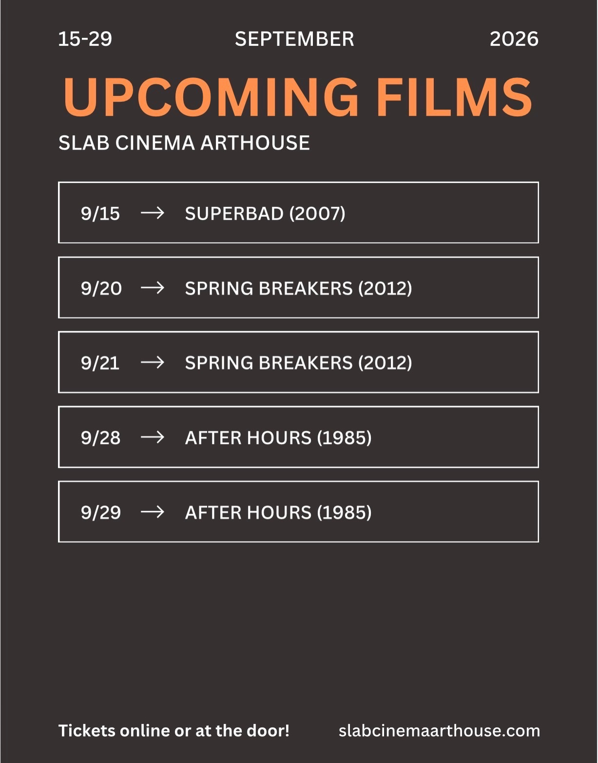 Showing this month at @slabcinema Arthouse at @bluestarartscomplex in @southtownsatx! Use link in bio to purchase tickets.
8/31: Last Picture Show
9/1: Last Picture Show
9/06: Bram Stoker’s Dracula (8 pm)
9/07: Female Troubles
9/08: Female Troubles
9/13: Sunshine
9/14: Superbad
9:15: Superbad
9/20: Spring Breakers
9/21: Spring Breakers
9/28: After Hours
9/29: After Hours
10/04: Valerie and Her Week of Wonders
#do210 #sanantoniocinema #familybusiness #momandpopshop