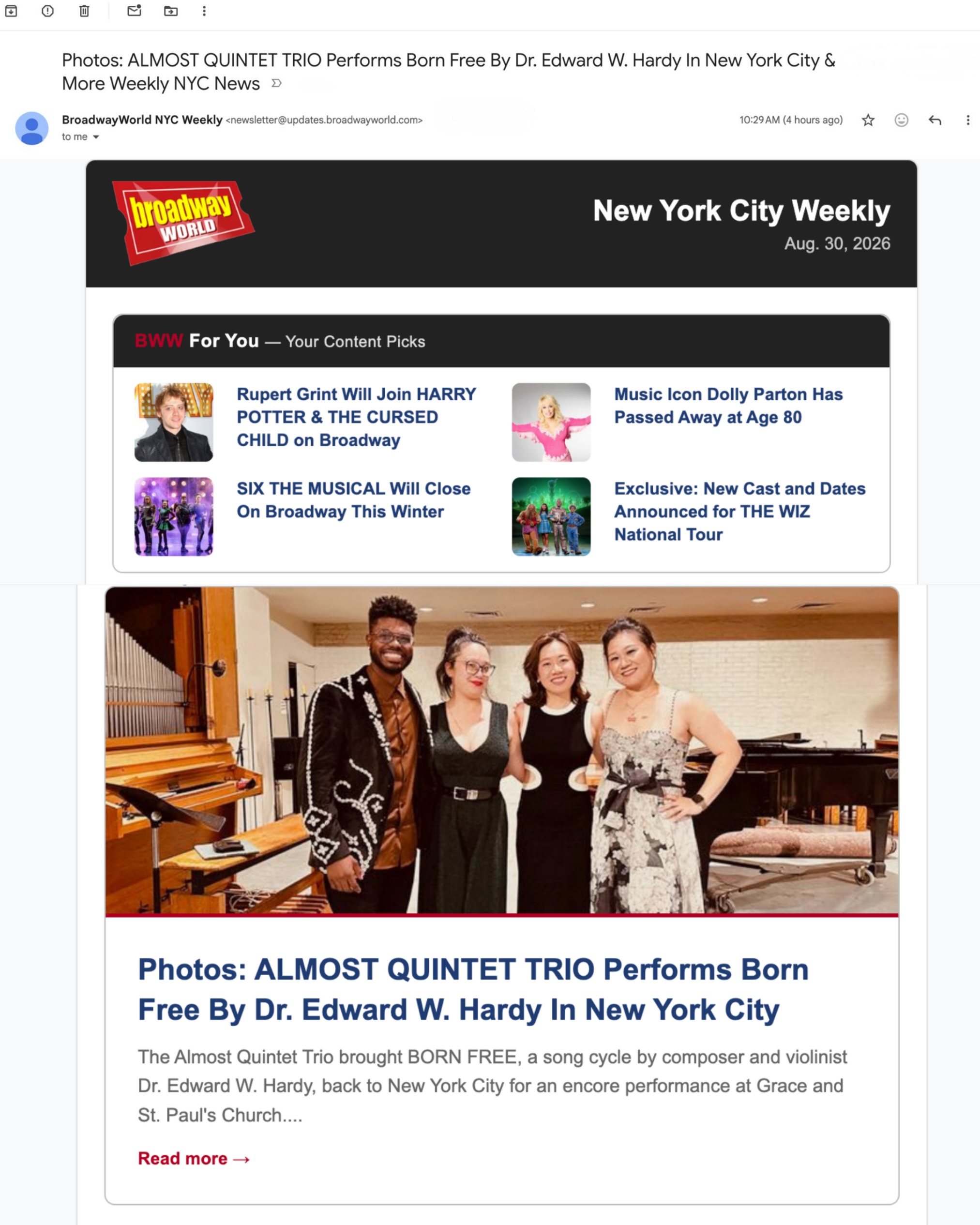 What a cool @officialbroadwayworld email to open today!🤩😅
Today is the CA premiere of my song cycle “BORN FREE,” performed by the Almost Quintet!🙌🏾
I honestly thought the news would dwindle after the NYC premiere two weeks ago. With my focus now on the amazing closing-night production of @streettheatreco’s “The Woodsman,” I wasn’t expecting more news to continue coming in around this composition… but I shouldn’t be surprised!😂
The Almost Quintet is truly amazing, and I wish I could teleport from Nashville to Yorba Linda, CA within the next minute to catch their performance happening right now! If you happen to be in their area, you should absolutely experience their artistry!
Good luck on a wonderful program, @elainehuangmusic, @xenia.deviatkinaloh, @peiyaoyuuu!🫶🏾
And if you’re in New York City, you can catch the Almost Quintet’s previous performance of BORN FREE on TV today!📺🙌🏾
So, apparently, “Born Free” is having quite a day😂
Thank you so much for sending this to me, @backstagepasswithliachang!🫶🏾
#bornfree #songcycle #CAPremiere #contemporaryclassical #newmusic