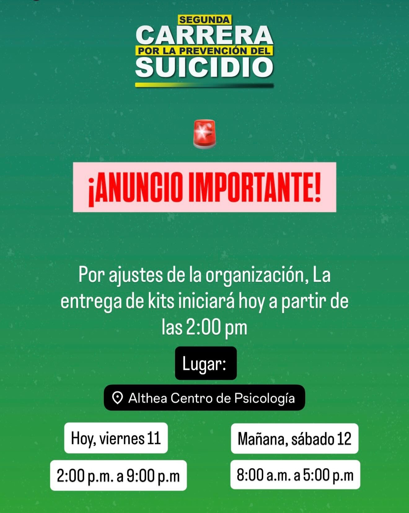🚨 ¡ANUNCIO IMPORTANTE! 🚨
¡La entrega de kits comienza HOY! 🎽
Por ajustes en la organización, la entrega iniciará hoy, viernes 11 de septiembre, a partir de las 2:00 p. m.
📅 Hoy, viernes 11: 2:00 p. m. – 8:00 p. m.
📅 Mañana, sábado 12: 8:00 a. m. – 5:00 p. m.
💛 ¡Ya casi llega el gran día!
Pasa por tu kit y prepárate para correr por la prevención. 🏃♀️