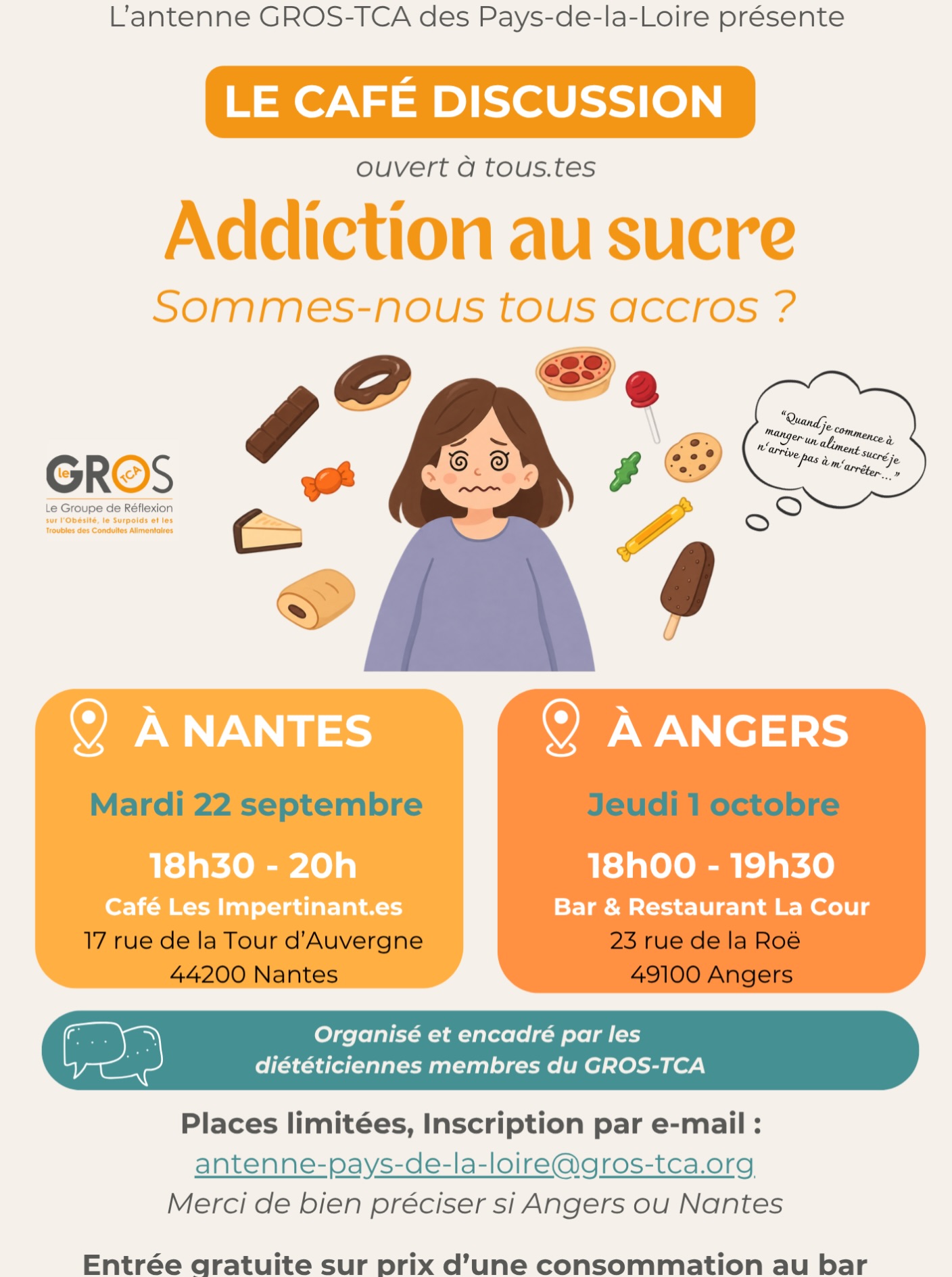 Qui dit rentrée dit retour des cafés discussion ✨
Hâte de vous retrouver pour ce deuxième café discussion Angevin pour parler de notre relation au sucre !
@gros_tca