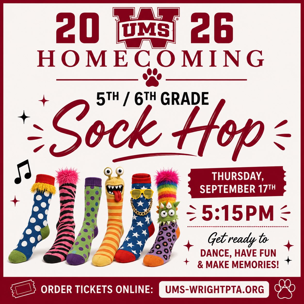 🧦🎶 SOCKS ON. MUSIC UP. 🎶🧦
Calling all 5th & 6th graders — it’s time for the Homecoming Sock Hop! Grab your friends, kick off your shoes, and get ready for a fun night of music and dancing!
📅 Thursday, September 17
⏰ 5:15 PM
We can’t wait to see our Bulldogs on the dance floor! 💃🕺🐾
🎟️ Order tickets online at UMS-WRIGHTPTA.ORG • 5:15pm – 6:45pm (PAC Gym)
• Dress Code: Shorts and t-shirts. Wear your crazy socks!