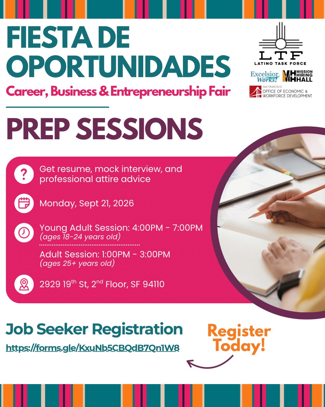 GET READY FOR YOUR NEXT OPPORTUNITY!
Join our Prep Sessions for resume support, mock interviews, and professional attire advice. 💼✨
• Monday, Sept. 21, 2026
Sessions available for young adults & adults.
👉 Job Seekers: Register today!
🔗 https://forms.gle/KxuNb5CBQdB7Qn1W8
#LTF #CareerFair #EmploymentOpportunies
———
¡PREPÁRATE PARA TU PRÓXIMA OPORTUNIDAD!
Acompáñanos en nuestras Sesiones de Preparación para recibir apoyo con tu currículum, entrevistas de práctica y consejos sobre vestimenta profesional. 💼✨
👉 Personas en busca de empleo: ¡Regístrate hoy!
🔗 https://forms.gle/KxuNb5CBQdB7Qn1W8