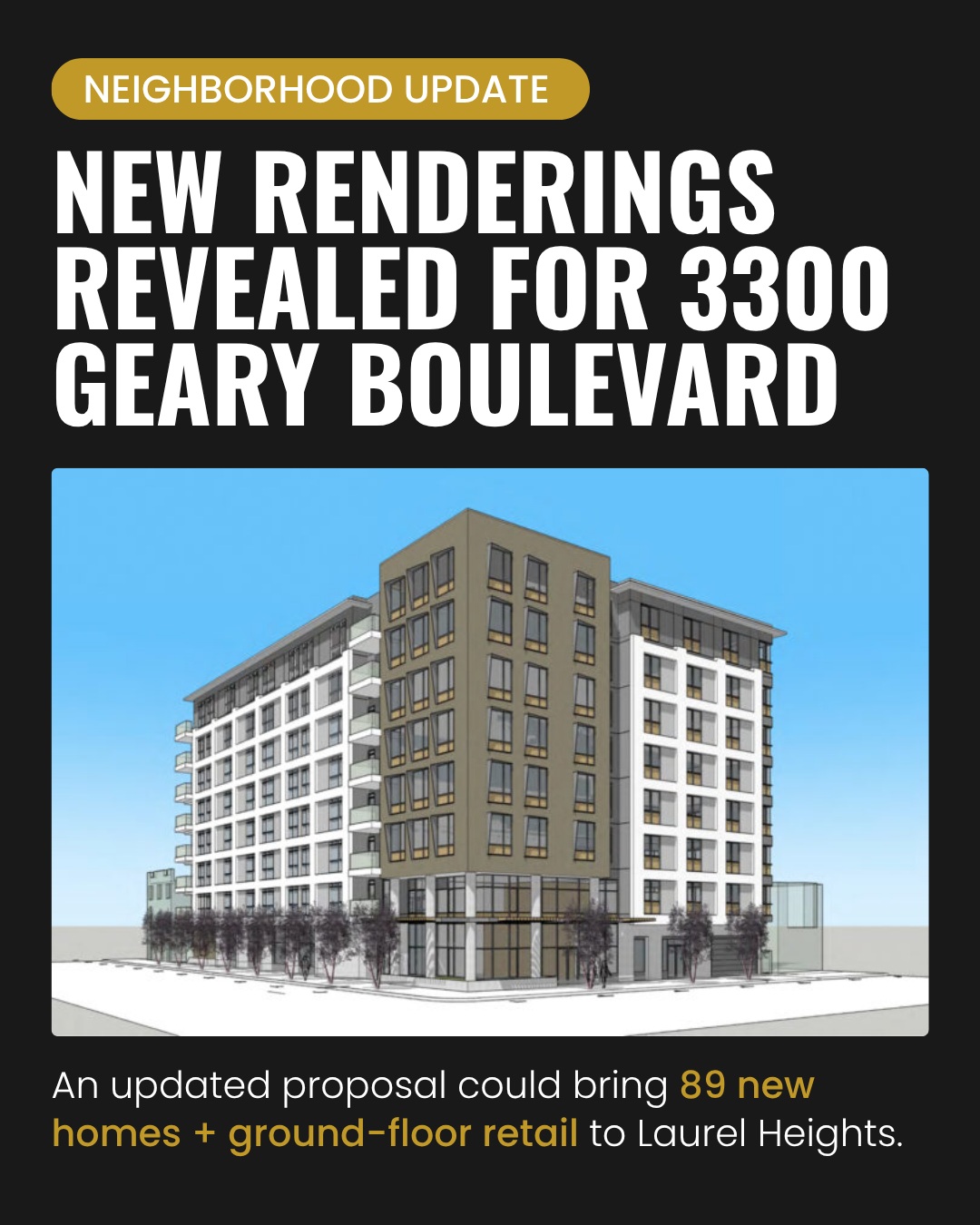 NEW RENDERINGS REVEALED for 3300 Geary Boulevard 👀
If you’ve driven along Geary near Parker Avenue, you may know the site. New plans are now out for a proposed mixed-use building in Laurel Heights.
The proposal calls for 89 for-sale homes, including 13 deed-restricted affordable homes, along with ground-floor retail.
The 8-story building would replace the existing structures on the site and include studios, 1-, 2-, and 3-bedroom homes.
It’s another interesting change coming to this part of the neighborhood — and I’m curious to see how it develops.
What do you think of the proposed design?
📍 3300 Geary Boulevard, Laurel Heights
Source: San Francisco YIMBY
Renderings: Elevation Architects / San Francisco YIMBY
#LaurelHeights #SanFranciscoRealEstate #SFRealtor #PacificHeightsRealtor #SFDevelopment #NeighborhoodNews