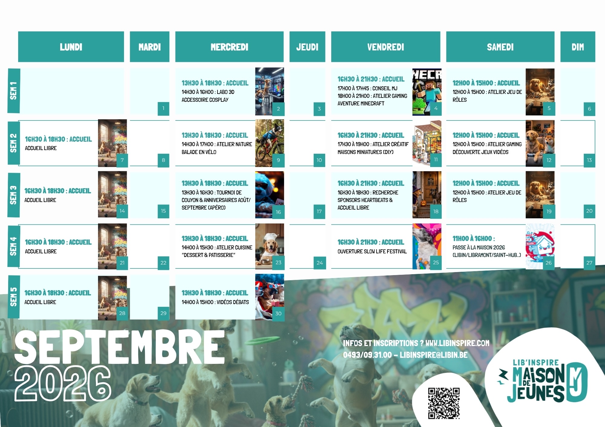 🎉Septembre s’annonce bien rempli à la MJ !
La rentrée arrive, et avec elle, une nouvelle saison de projets à la Maison de Jeunes ! Après un été bien animé, on prend le temps de se retrouver, de faire le point sur les envies des jeunes et surtout de se concentrer sur les projets à venir. 🚀
Au programme de cette rentrée : notre participation à l’ouverture du Slow Life Festival, mais aussi Passe à la Maison 2026 ! Cette année, nous souhaitons mettre particulièrement en avant la dynamique inter-MJ : la journée portes ouvertes se fera donc du côté de Libramont, en collaboration avec les autres Maisons de Jeunes participantes. 🤝
Un mois pour lancer de nouveaux projets, créer des rencontres et faire vivre la dynamique de la MJ ! 🌿
📲 Bref, toutes les infos, dates et inscriptions sont à retrouver sur notre site :
https://www.libinspire.com/
Pour toute question, vous pouvez nous contacter par mail, téléphone, en commentaire, sur nos réseaux sociaux ou via le formulaire en ligne. 🙂
