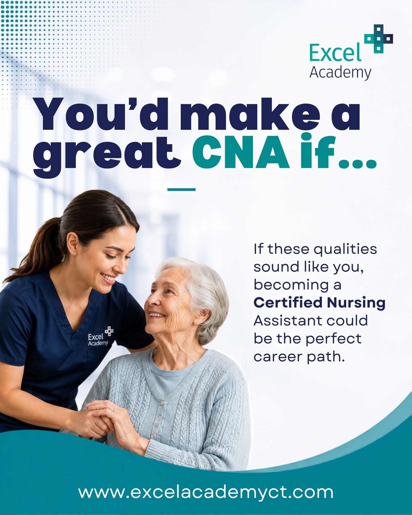 What if the qualities that make you YOU could also make you a great CNA?⠀
⠀
If you’re compassionate, dependable, calm under pressure, and genuinely enjoy helping others, healthcare may be the path you’ve been looking for.⠀
⠀
A CNA certification can be more than a credential. It can be your first step into a career filled with purpose, opportunity, and room to grow! 🩺⠀
⠀
Learn more about Excel today! 203-691-7989 ⠀
⠀
#excelacademy #cnatraining #cnaprogram #healthcarecareers #futurecna