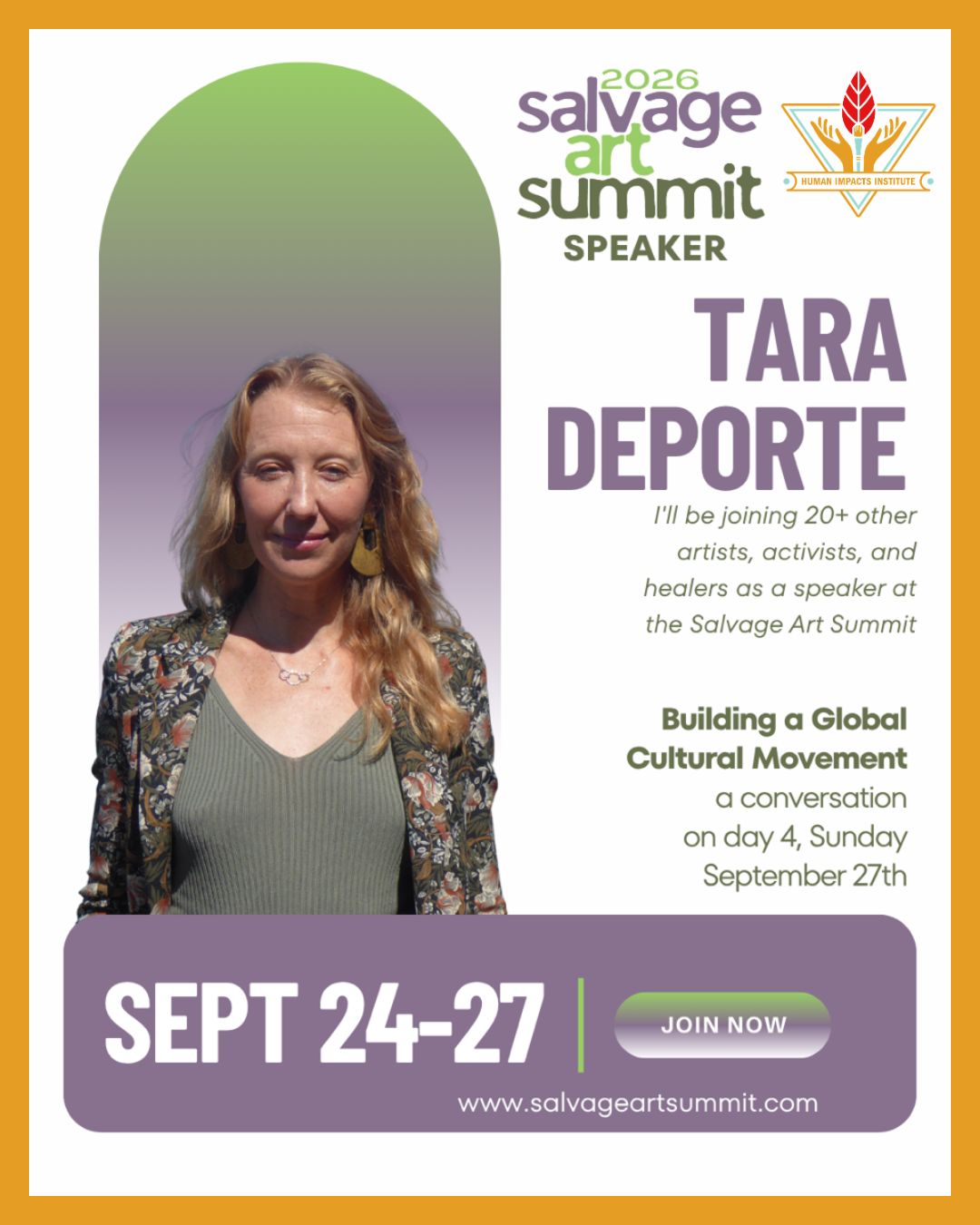 🌍 If you can't make it to NYC Climate Week this year, I've got you covered.
I'll be joining 20+ other artists, activists, and healers as a speaker at the Salvage Art Summit, a free virtual event running September 24–27. No travel, no conference badge required — just four days of real conversation about transforming waste into art and turning climate anxiety into action.
As founder and executive director of the Human Impacts Institute, I've spent years exploring why art and activism shouldn't be treated as separate worlds — thinking that shaped programs like the Creative Climate Awards and our Artivism Amplifiers fellowship, now spanning nearly 30 countries. During my session, I'll also be previewing this year's Creative Climate Forum at Climate Week NYC, themed "Collective Power / Disrupting Systems / Regenerating Futures," and reflecting on what I've had to unlearn as an activist — from the instinct to go it alone to the pull of doom-driven narratives about climate change.
Catch my presentation on Day 4 of the Summit! ✨
I hope you'll join us. Register with the link in bio 🌱
#SalvageArtSummit #ArtivistCommunity #ClimateAction #ArtAndActivism