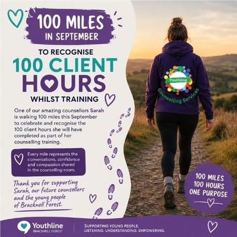 💜 100 miles. 100 counselling hours. One amazing challenge. 👣
This September, one of our wonderful counsellors, Sarah, is taking on a 100-mile walking challenge to celebrate reaching an incredible milestone — 100 client hours as part of her counselling training.
Sarah has chosen to turn this personal achievement into something that will also support Youthline and the young people we work with. 💜
Every donation, however small, will help us continue providing a safe, supportive space where young people can talk and be heard.
🚶♀️ 100 miles throughout September
💬 Celebrating 100 client hours
💜 Raising funds for Youthline
If you’d like to support Sarah and cheer her on along the way, you can donate here:
👉 https://www.justgiving.com/page/sarah-crawford-45?utm_medium=FR&utm_source=CL
Even £1 makes a difference — and sharing Sarah’s challenge helps too!
Good luck, Sarah! We’ll be cheering you on every mile of the way. 👣💜
#Youthline #100Miles #Fundraising #Counselling #YoungPeople #MentalHealthSupport #BracknellForest