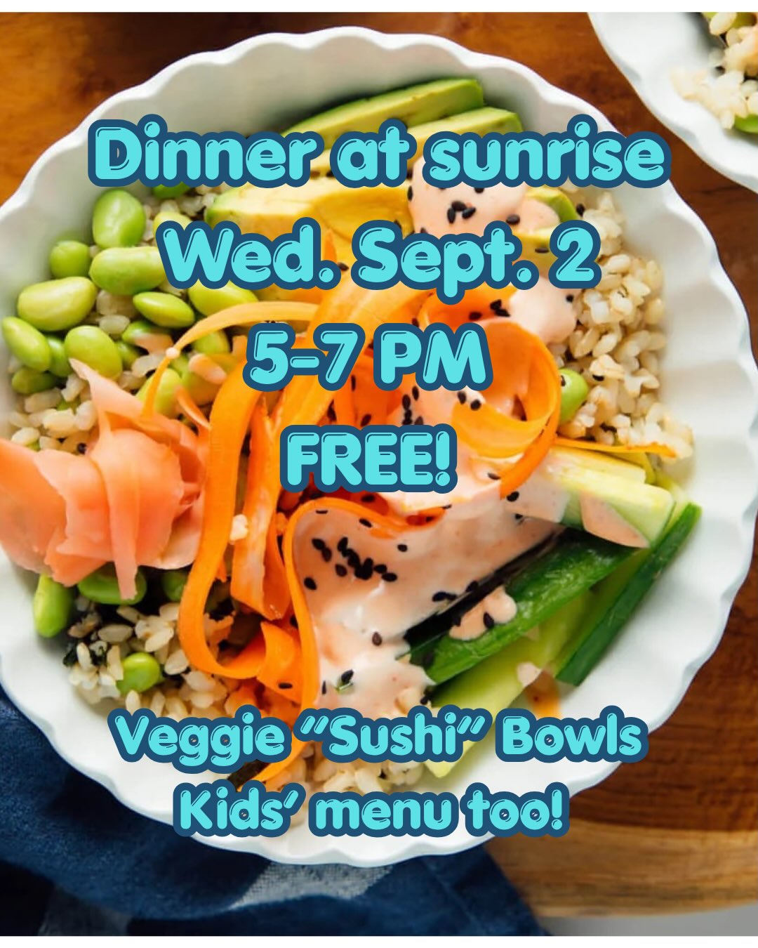 We have two events this week for our community! As always, our events are free and open to all ❣️ Wednesday cool down with a veggie “sushi” bowl (carrots, edamame, red peppers, cucumbers, rice, crunchy fried onions and sriracha mayo). We are happy to make kids a plain bowl of rice, PBJ or cheese and crackers plate. Dine in or take it to go!
Sunday! Be cool with us at our café! 1-3 PM. Snacks (including popsicles!!), drinks, art projects and community connection 💗☀️✨
See youuuuuuuu!!!!