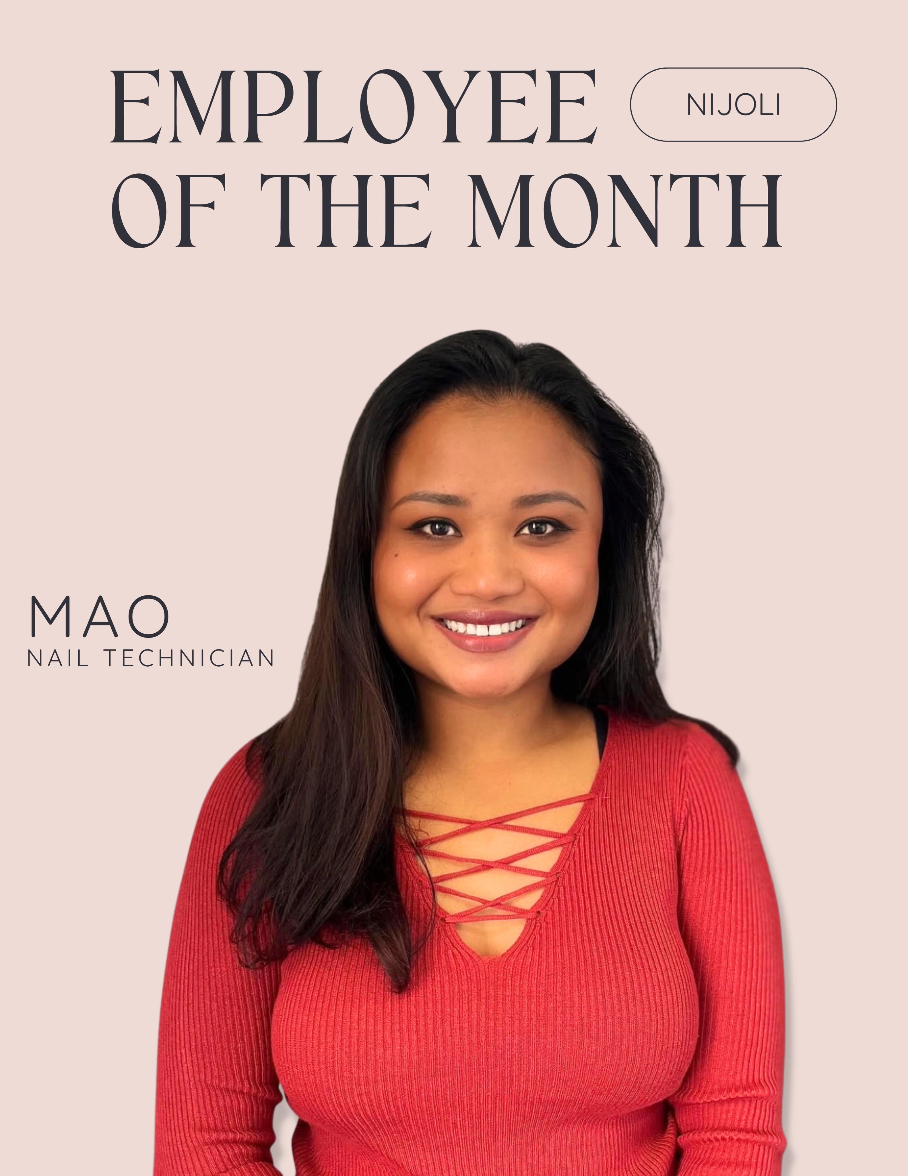 Our August employee of the month is our nail technician Mao!
Mao, thank you so much for your extra help, we appreciate you so much ❤️ Congratulations!!