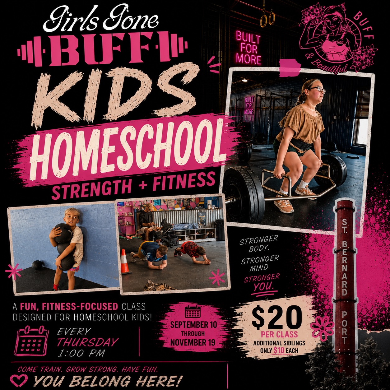 We’re bringing Homeschool Strength + Fitness to Girls Gone Buff!
This isn’t just about getting kids moving. We’ll be introducing age appropriate strength training with a barbell, while also working on coordination, confidence, discipline, teamwork, and overall fitness.
I want kids learning that strength training isn’t something they have to wait until they’re older to do. With proper coaching, they can learn how to move well, lift safely, build confidence, and get STRONG, while having fun doing it.
📅 Every Thursday
⏰ 1:00 PM
🗓️ September 10 – November 19
💗 $20 per class
👯 Additional siblings are only $10 each!
No long-term commitment. Come when you can!
Come train. Grow strong. Have fun.
Because strong kids are Built for More. 💪
