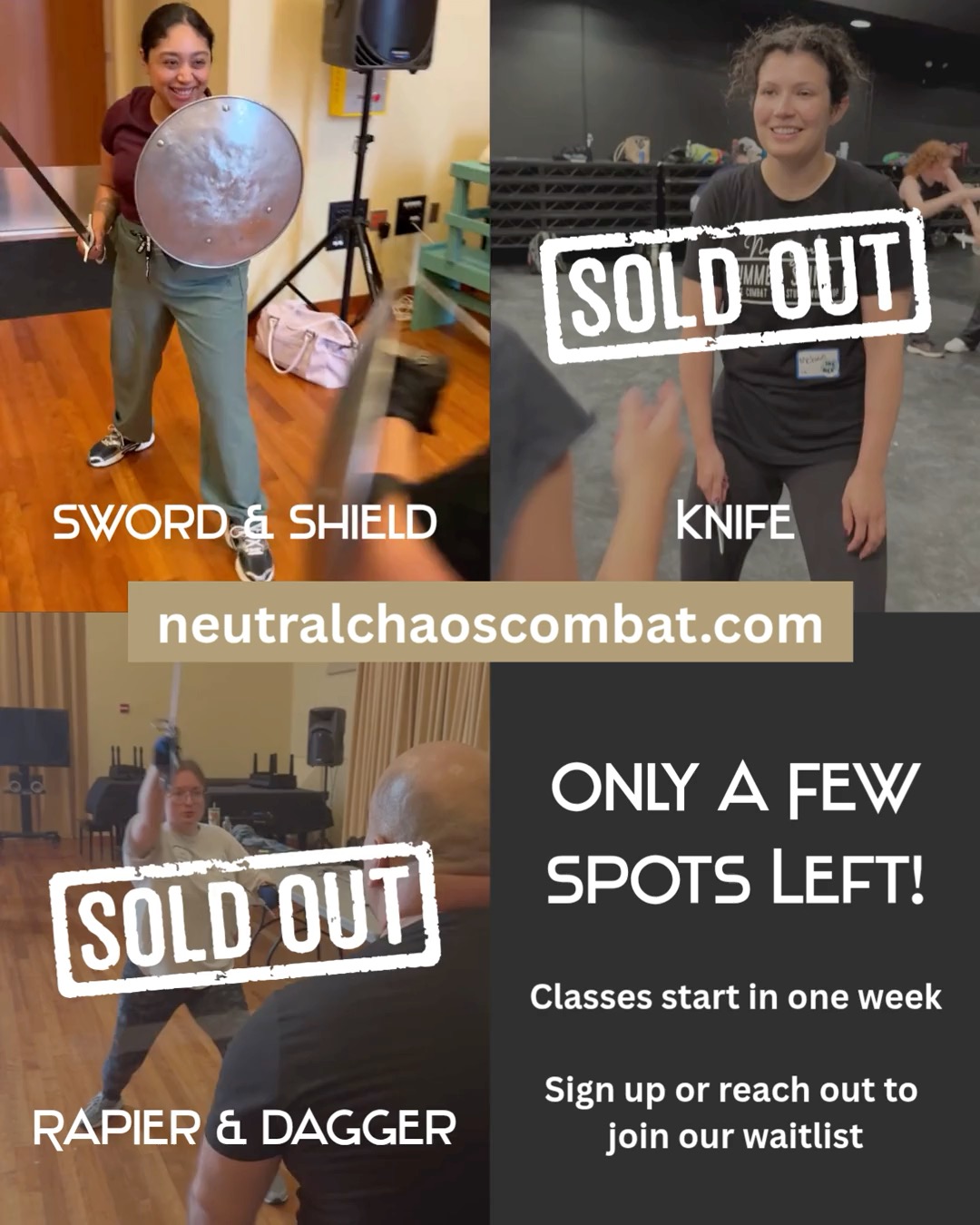 Classes start in one week! We have a few spots left in our Sunday afternoon Sword & Shield classes - snag yours today! Or reach out if you want to join the waitlist for any slots that open up in Knife or Rapier & Dagger.