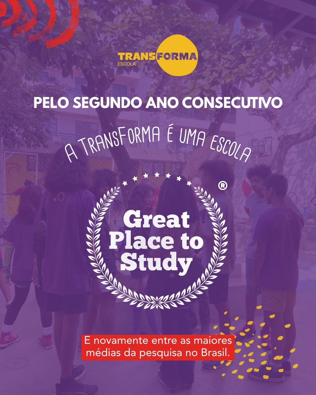 Tem notícia que dá orgulho. E tem notícia que confirma um caminho.
💛
Pelo segundo ano consecutivo, a TransForma Escola recebe a certificação Great Place to Study®.
E temos mais um motivo para comemorar: novamente, alcançamos uma das maiores médias da pesquisa no Brasil.
Esse reconhecimento tem um significado especial porque nasce da escuta de quem vive a escola todos os dias: estudantes, educadores e famílias.
Mais do que um selo, enxergamos essa conquista como reflexo das relações que construímos, das escolhas que fazemos e da escola que buscamos criar diariamente.
Uma vez é motivo de orgulho. Duas vezes contam uma história.
E essa história é construída por muita gente.
Obrigada a toda a comunidade TransForma.💛
#TransFormaEscola #GreatPlaceToStudy #GPTS #EducaçãoQueTransforma #ComunidadeEscolar