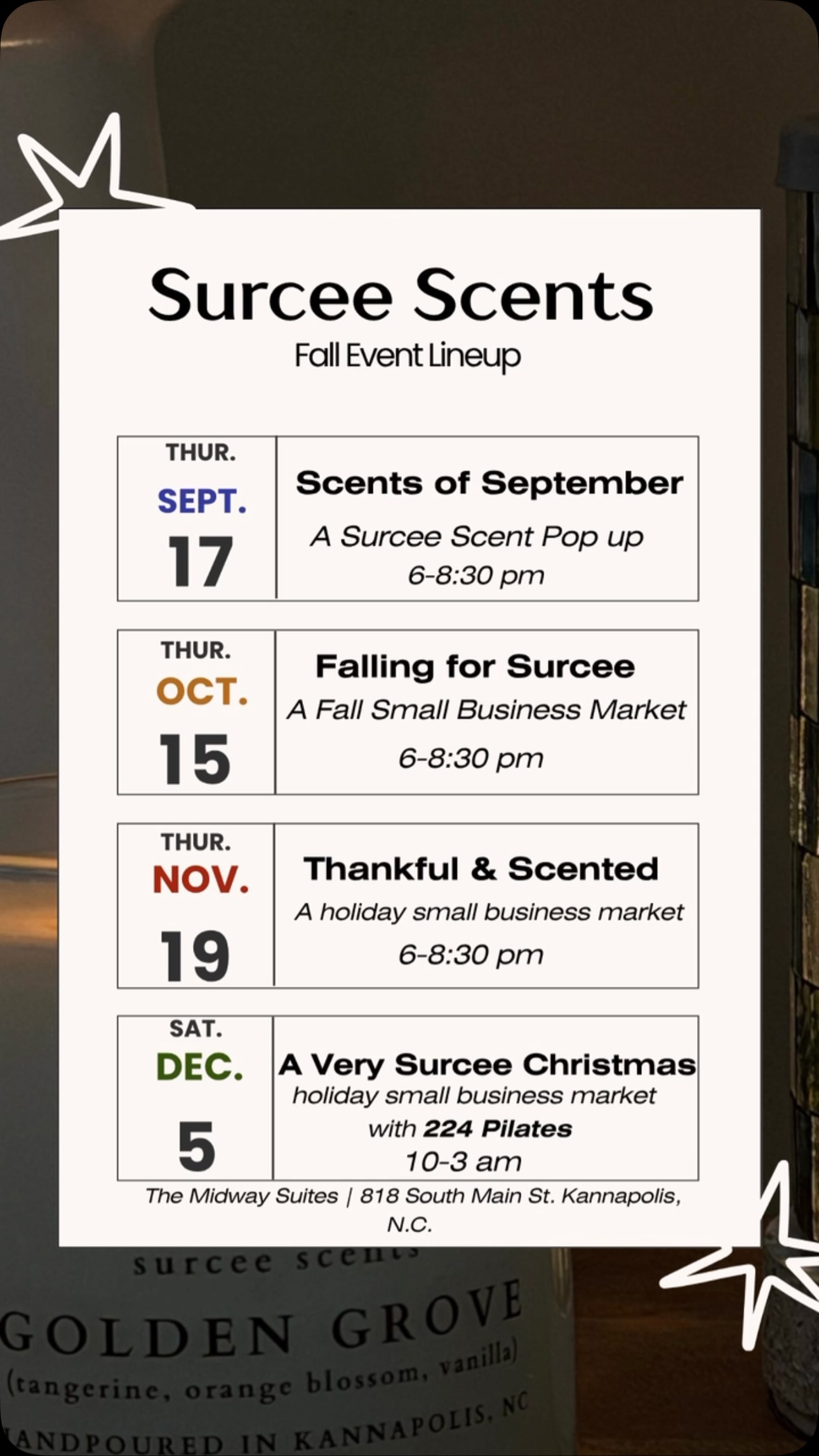 Save the Dates! 🗓️✨🕯️
Surcee Scents is popping up with FOUR exciting events starting this month and continuing through December! 🎉🕯️
Mark your calendars and get ready for some fun! Stay tuned for more details, including who will be joining us at each event, what to expect, and so much more! 👀✨
You won’t want to miss these events! 🤍✨🍂🍎
#kannapolis #popupevents #sipandshop #keepingupwithkannapolis #nc