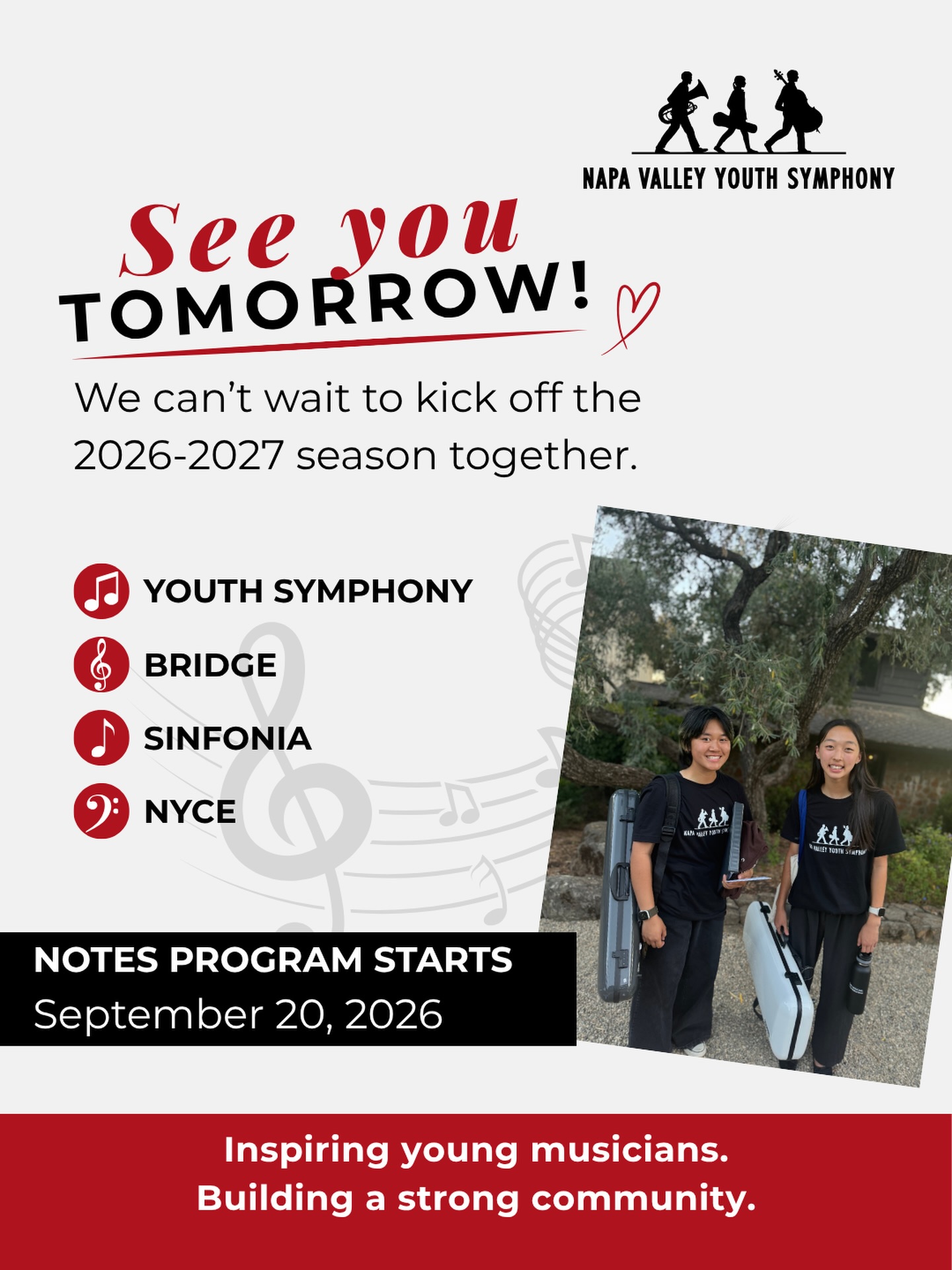 Tomorrow’s the day! 🎶
We can’t wait to welcome our Sinfonia, Bridge, Youth Symphony, and NYCE musicians back for the first day of the 2026–2027 season!
Here’s to new music, new friendships, and an amazing season ahead. 🎻✨
See you tomorrow, NVYS! ❤️