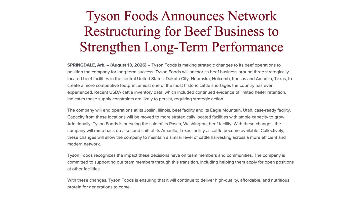 ICYMI: Big news for Amarillo and our region's beef industry! Tyson Foods announced that Amarillo will be one of three facilities anchoring its beef operations in the central United States as the company adjusts to historically tight cattle supplies. Tyson also plans to ramp its Amarillo facility back up to a second shift as cattle become available. Agriculture and beef production are a huge part of our regional economy, and this is another reminder of the important role the Texas Panhandle plays in feeding our country. Visit the link in our bio to read more.
#TheRANGE #PanhandleAg #BeefIndustry #TexasPanhandle #Amarillo