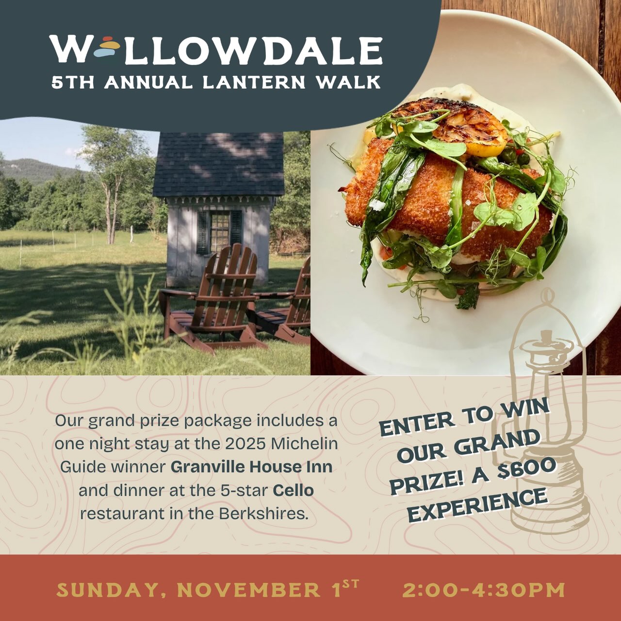 Did you get our September newsletter? There is SO much fun happening this month and beyond at Willlowdale!
The countdown to our 5th Annual Lantern Walk is ON and we are excited to announce this year’s grand prize raffle is a one-night stay in the Berkshires at @granvillehousegb + dinner at @cellolenox !
The winner will be announced November 1st at our walk and you don’t have to be there to win - anyone can enter this raffle!
We’d be so grateful for your support and if you’re able to share this with a friend, even better! ❤️
Link to purchase raffle tickets is in our bio!
#nhlife #willowdalenh #natureisforeveryone #outsideall4