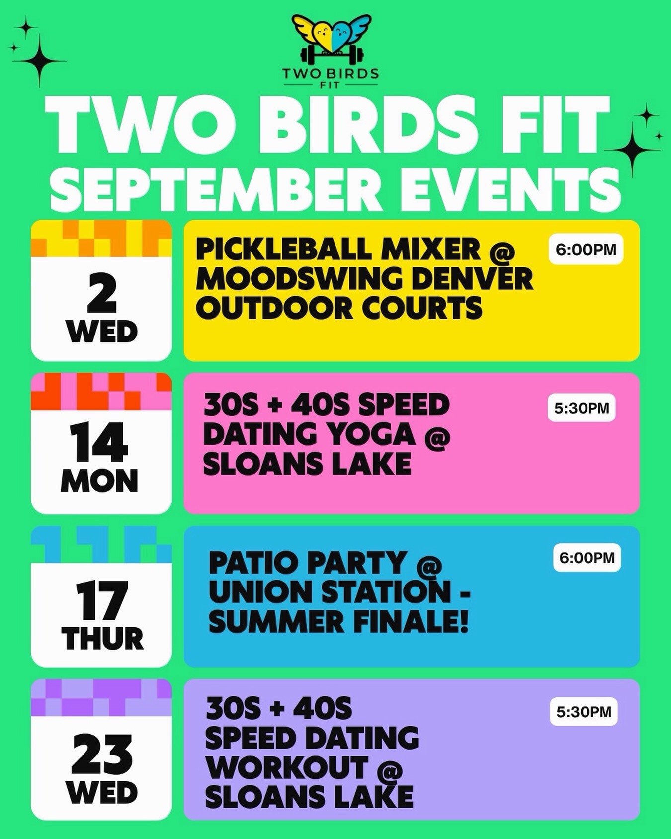 Your September plans just got a whole lot more fun!
Pickleball, sunset yoga, a Summer Finale Patio Party + a Speed Dating Workout — plenty of ways to get out, have some fun & meet someone new IRL this month!
🎟️ Check out all our September events + grab your tickets in bio @twobirdsfit
🏓 SEPT 2 — Pickleball Mixer at Moodswing
🧘 SEPT 14 — 30s + 40s Speed Dating Yoga @ Sloan’s Lake
🍹 SEPT 17 — Summer Finale Patio Party at Terminal Bar — Union Station
💪 SEPT 23 — 30s + 40s Speed Dating Workout @ Sloan’s Lake
Each event is designed to take the pressure out of meeting new people by giving you an experience to share first. From active sporty events to laid-back evenings, it’s all about making genuine connections in a fun, welcoming environment.
We can’t wait to see you out there! 🐦