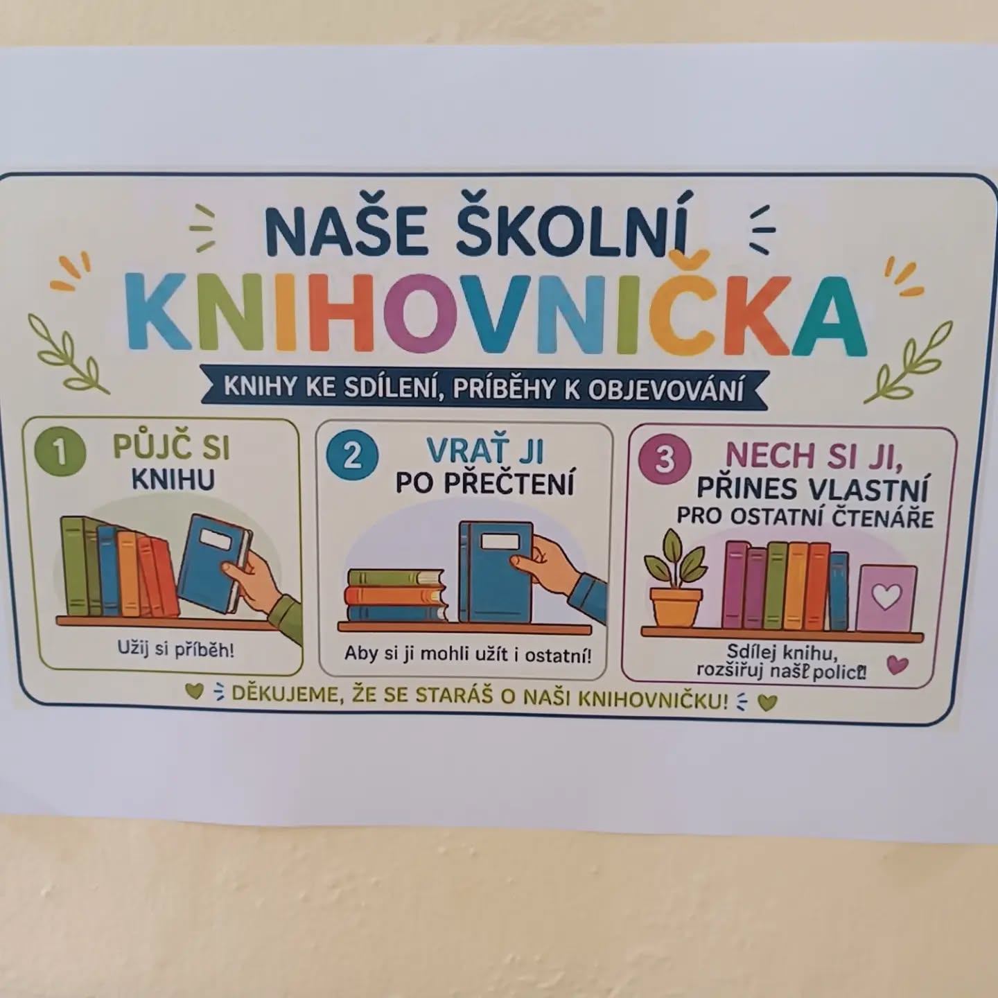 Knihovnička. 📚 Nezapomeňte se stavit ve studovně! Vezměte si knihu nebo přineste pro ostatní nějaké přečtené z domova!