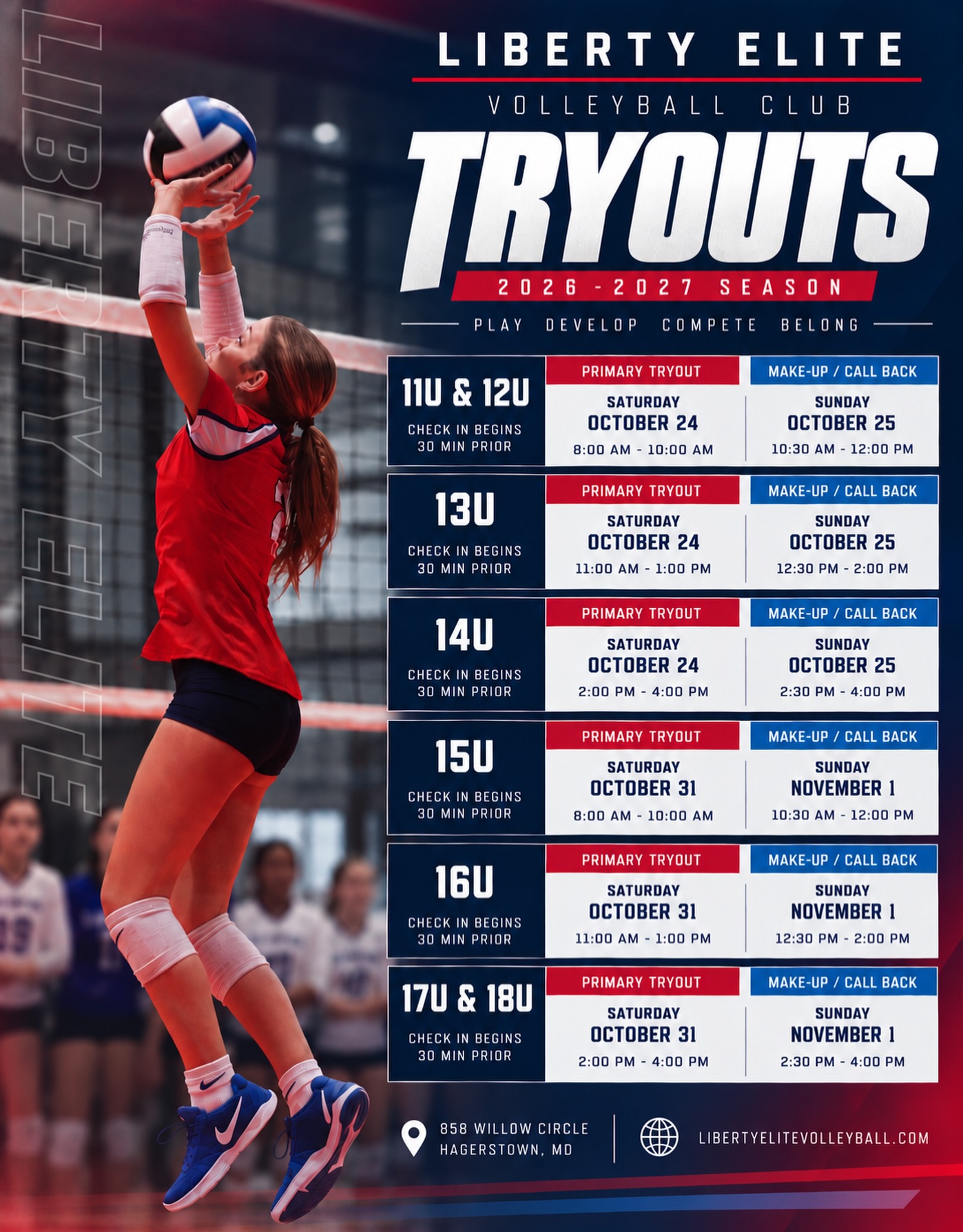 Your next season starts here. 🗽🏐❤️
We’re looking for athletes ready to
PLAY. DEVELOP. COMPETE. BELONG.
Tryouts are officially set!
• 12U–14U: October 24
• 15U–18U: October 31
• Make-Up / Call Back Tryouts: October 25 & November 1
Check-in begins 30 minutes prior to each tryout session.
📍 Liberty Elite Volleyball Club
858 Willow Circle, Hagerstown, MD
Whether you’re returning to Liberty or looking to join us for the first time, we can’t wait to see you in the gym.
Registration is LIVE! Link in bio.
