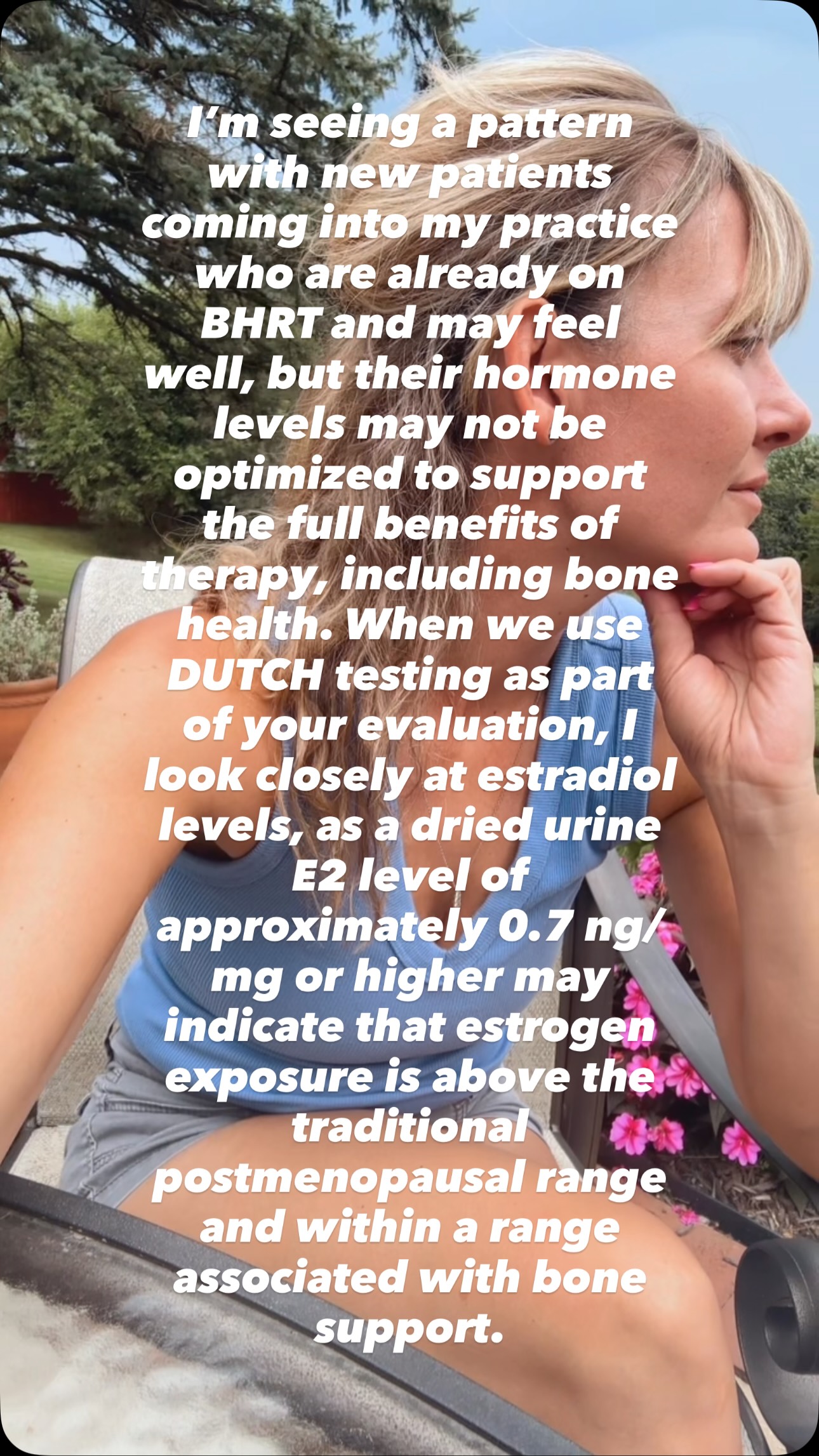 One pattern I am seeing with new patients coming into my practice is that many are already taking bioidentical hormone replacement therapy (BHRT) and report that they “feel good.” While feeling better is absolutely important, it is only one piece of the bigger picture.
Hormone therapy may be used for more than symptom relief. Depending on the individual, appropriate estrogen therapy can also play an important role in supporting bone health and helping prevent the accelerated bone loss that occurs with estrogen deficiency during and after menopause.
This is why I believe it is important to periodically evaluate whether your hormone therapy is truly optimized for your individual goals, not simply whether your hot flashes are gone or whether you feel better day to day.
For some patients, I use DUTCH testing as one additional tool to evaluate hormone metabolism and estrogen exposure. When evaluating dried urine estradiol, I may look for levels around or above 0.7 ng/mg as part of the overall clinical picture when bone support is one of our treatment goals. However, there is no single hormone number that is appropriate for every woman, and results must always be interpreted in the context of your age, symptoms, medical history, route and dose of hormone therapy, and individual risk factors.
The goal is to make sure that your treatment plan is supporting both how you feel today and your long-term health goals.
If you are currently on BHRT, feel well, but have never had your treatment plan reevaluated, it may be worth asking: Are my hormones simply controlling my symptoms, or is my treatment truly optimized for my overall health goals?
@ia_wellness
#bioidenticalhormones #functionalmedicine