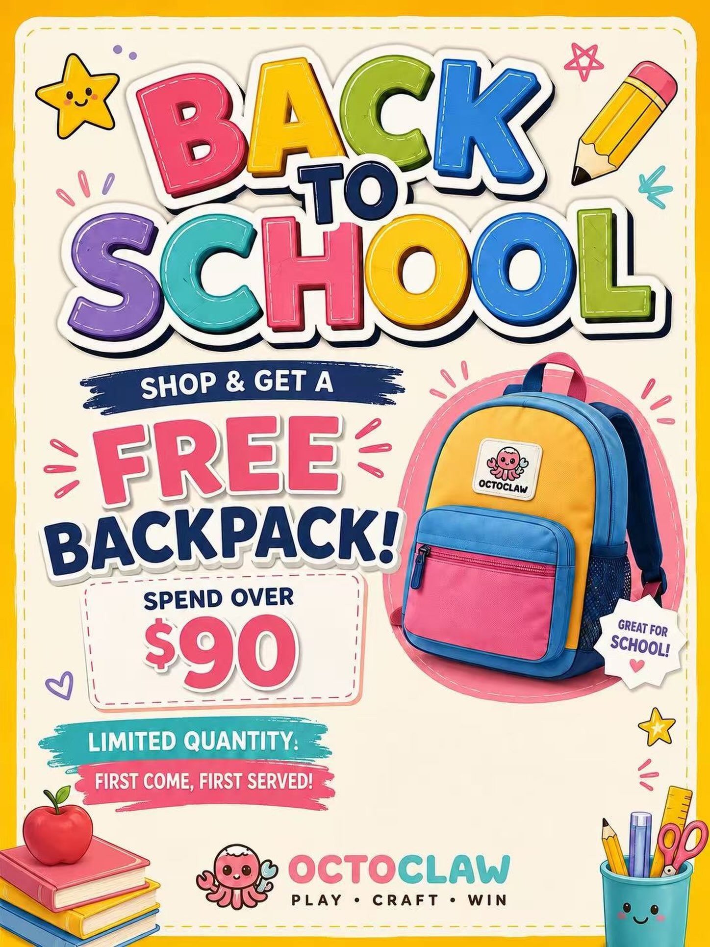 🎒✨ BACK TO SCHOOL SPECIAL! ✨🎒
Spend $90+ at OctoClaw and get a FREE BACKPACK! 🎁
📚 Get ready for the new school year with us!
⏰ Limited quantity available — First come, first served!
Don’t miss out! 💕🎒
#BackToSchool #OctoClaw #FreeBackpack #AuroraON #NewmarketON TorontoKids FamilyFun