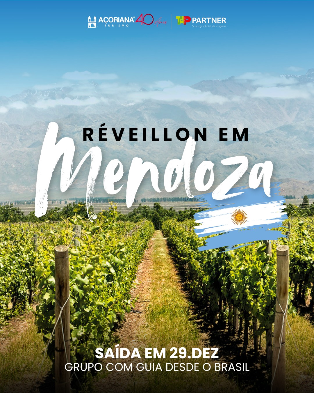 Já imaginou brindar a chegada do Ano Novo com os imponentes Andes no horizonte e uma taça do melhor vinho argentino em mãos? Em Mendoza, o Réveillon ganha um charme inesquecível, unindo paisagens deslumbrantes, vinhedos renomados e uma gastronomia harmonizada de altíssimo nível.
Para começar 2027 da forma mais especial, a Açoriana preparou uma viagem em grupo imperdível, com guia acompanhante desde o Brasil. Prepare-se para vivenciar uma ceia de Ano Novo festiva com show folclórico, explorar o fascinante Vale do Uco e se surpreender com o mirante do majestoso Aconcágua. Confira todos os detalhes do roteiro abaixo e garanta o seu lugar nessa celebração!
Saída em 29/12/2026
Grupo com guia desde o Brasil
Aéreo + Terrestre a partir de
7x de R$ 2.127
(por pessoa em acomodação dupla)
Está incluso no pacote:
A bela cidade de Mendoza e seu centro histórico.Visita a Vinícola Santa Julia com almoço de harmonização incluído.Comemoração de Ano Novo com show folclórico e jantar festivo especial.Tour da alta montanha com visita ao mirante do Aconcágua e almoço crioulo típico.Visita ao Vale do Uco, a joia da coroa da vinicultura argentina, comparada em três vinícolas e almoço harmonizado em uma delas.
✈️🧳 Fale com a gente para conhecer este roteiro completo e fazer da sua viagem uma experiência perfeita!
📞 48 3251.3939 (whatsapp)
📧 vendas@acoriana.com.br
*Valores por pessoa em acomodação dupla (consulte tripla ou single) sujeito à variação cambial. Aéreo em tarifa econômica, consulte cidades de partida e outras classes tarifárias. Taxas e impostos não inclusos.Vagas limitadas. Consulte roteiro completo e regras. Imagens ilustrativas.