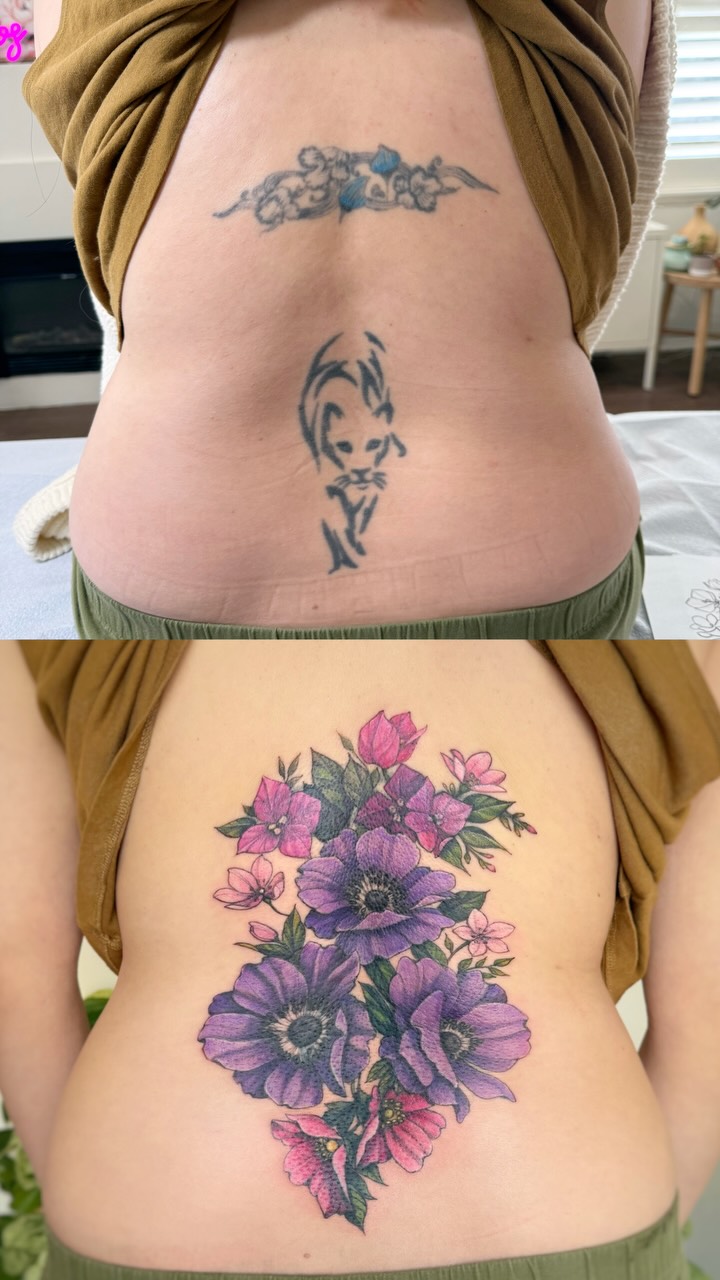 Jenn’s back tattoos were now covered in beautiful flowers ♡
#coveruptattooartist #tattoocoverup #coveruptattoos #floraltattoo #botanicaltattoo