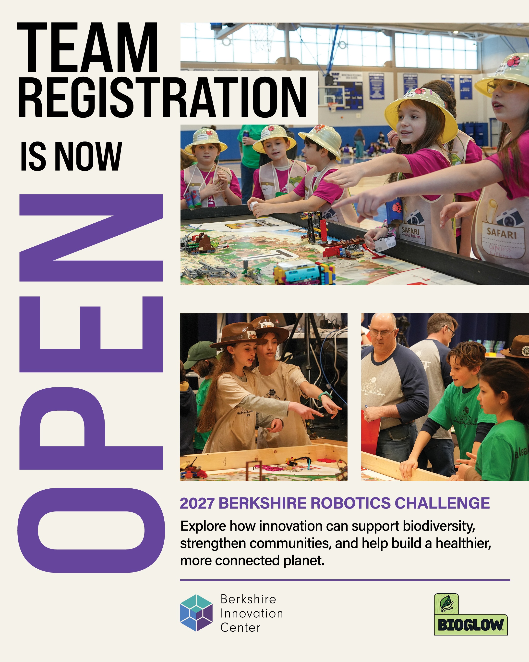 Team Registration is OPEN for the 2027 Berkshire Robotics Challenge!
The Berkshire Robotics Challenge brings students ages 8–14 together to build, program, problem-solve, and put their creativity to the test through hands-on STEAM learning.
This year's BIOGLOW Challenge invites young innovators to explore how innovation can support biodiversity, strengthen communities, and help build a healthier, more connected planet.
Learn more and register your team -See Link in Bio.
#BerkshireRoboticsChallenge #Robotics #STEM #STEAM #Berkshires #BerkshireInnovationCenter #FIRSTLEGOLeague