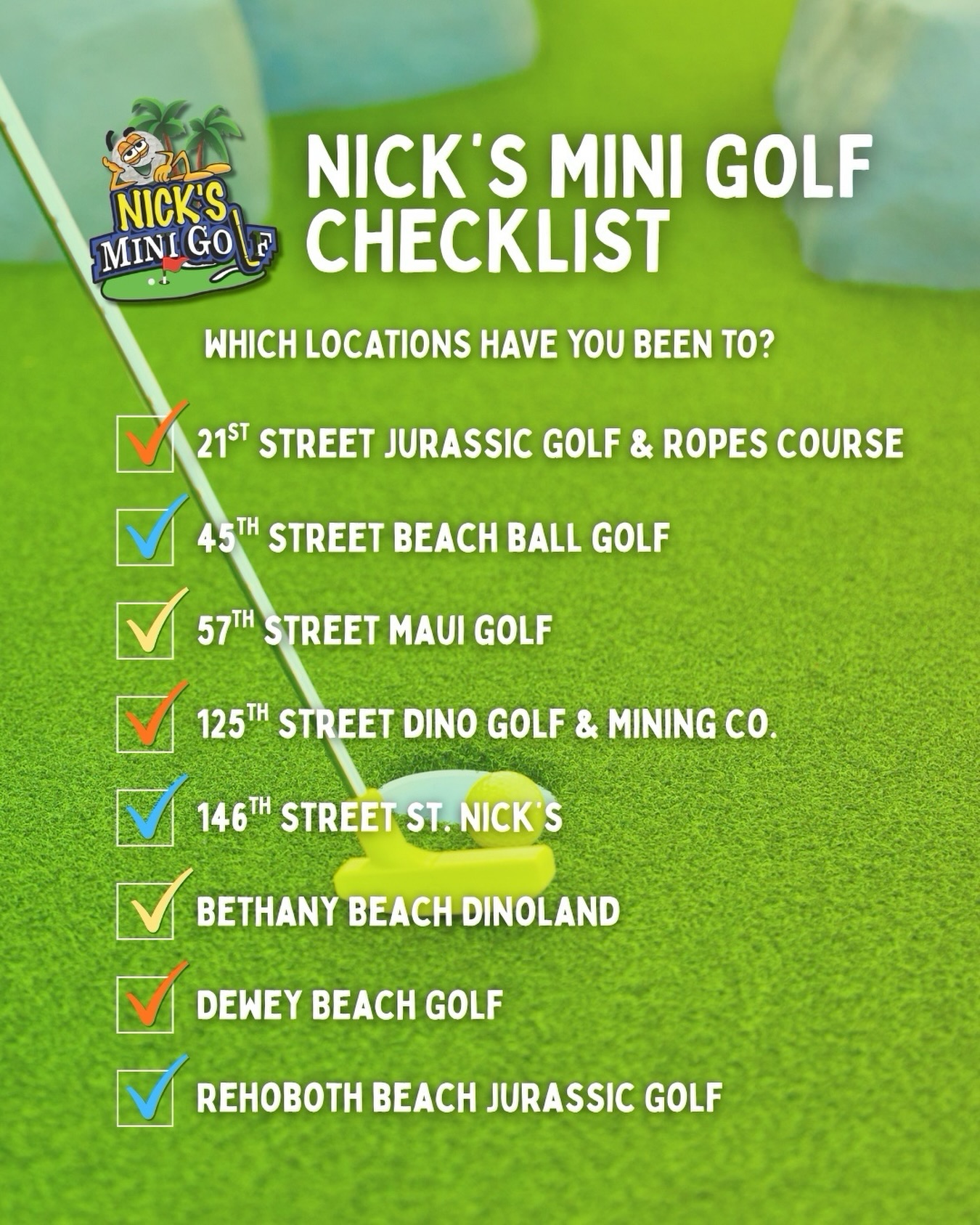 The ultimate Nick’s Mini Golf challenge: check them ALL off your list! ⛳️
Grab your crew, pick your next course, and start checking them off! How many have you played at? ‼️