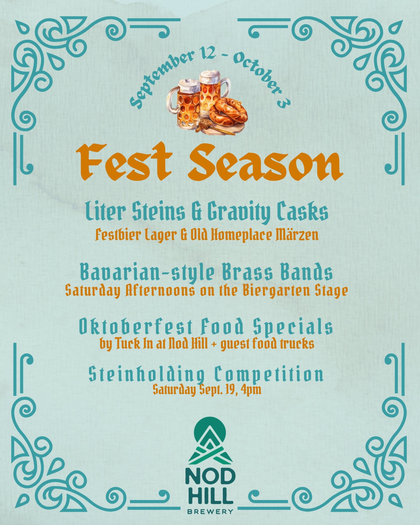 Do you feel a light chill in the air? Are those the sounds of oompah on the eastern wind? Smell that crisp, toasty malt of a Festbier stein entering your vicinity? Oh yes, that’s Oktoberfest approaching.
Our favorite season is upon us. Check out our website for a full list of live music, an updating list of Bavarian food specials, and a complete list of draft and can offerings for our Taproom and Biergarten! Prost, and happy (almost) Oktoberfest!