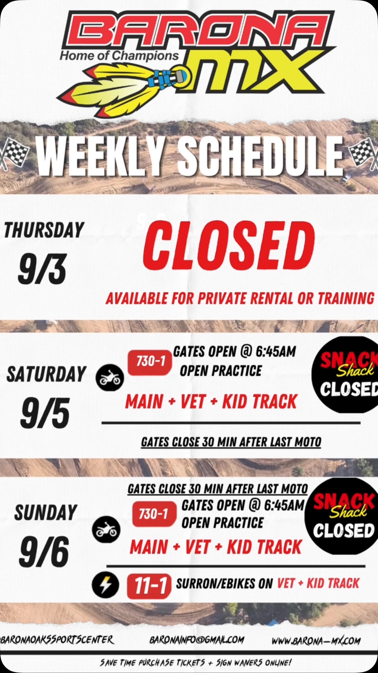 🏁 BARONA MX WEEKLY SCHEDULE 🏁
Here’s what’s happening this week! 🔥
❌ THURSDAY 9/3 — CLOSED
Track available for private rentals & training
🏁 SATURDAY 9/5 — OPEN PRACTICE
⏰ 7:30 AM–1 PM
🚪 Gates open @ 6:45 AM
🏍️ Main + Vet + Kid Track
🍔 Snack Shack CLOSED
⚡ SUNDAY 9/6
🏍️ Open Practice: 7:30 AM–1 PM
⚡ Surron/E-Bikes: 11 AM–1 PM on Vet + Kid Track
🍔 Snack Shack CLOSED
🎟️ Purchase tickets + sign waivers online to save time at the gate!
👀 ANDDDD… we’ve got some BIG things coming to Barona MX.
🏁 Ride Barona a lot? You’re going to want to hear about our NEW monthly membership dropping soon… 👀
🎁 PLUS — we’re kicking off MONTHLY GIVEAWAYS with some pretty sweet prizes. 🔥🔥
More details coming VERY soon. Stay tuned! 👀🏁
#BaronaMX #BaronaOaks #Motocross #SanDiegoMX #SoCalMX