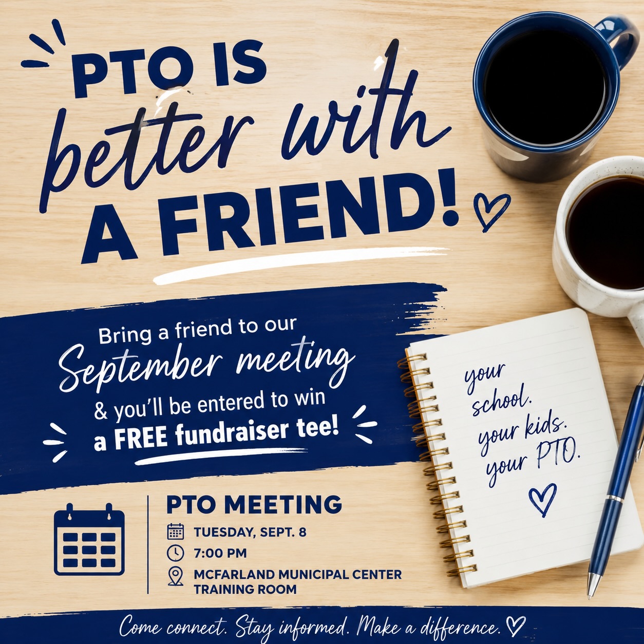 📣 PTO MEETING IS COMING UP! 💙🤍
We’re kicking off the school year and would LOVE to see some new faces at our next EC-8 PTO meeting! Whether you’ve been involved for years or have never attended a meeting before, you’re invited! 🙌
📅 Tuesday, September 8
⏰ 7:00 PM
📍 McFarland Municipal Center – Training Room
We’ll be talking about what’s ahead this school year, including Trunk or Treat, WIS Family Fun, our fall fundraiser, and more! 🎃🍂
🎉 BRING A FRIEND, WIN A SHIRT! 🎉
Come to the meeting and bring a friend who hasn’t attended a PTO meeting before, and you’ll be entered into a drawing for a FREE T-shirt from this year’s fundraiser! 👕💙
Come hang out, meet other parents, hear what’s happening at school, and find a way to be part of the fun—no big commitment required!
Bring a friend. Grab a seat. Get involved. 💙