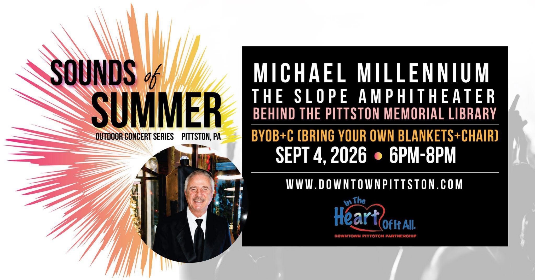 Join us this Friday, September 4th, from 6–8 PM at the Slope Amphitheater in Pittston for a FREE outdoor concert featuring Michael Millennium! 🎶
Bring your own chair or blanket, settle in, and enjoy an evening of live music under the open sky. We’ll see you there!