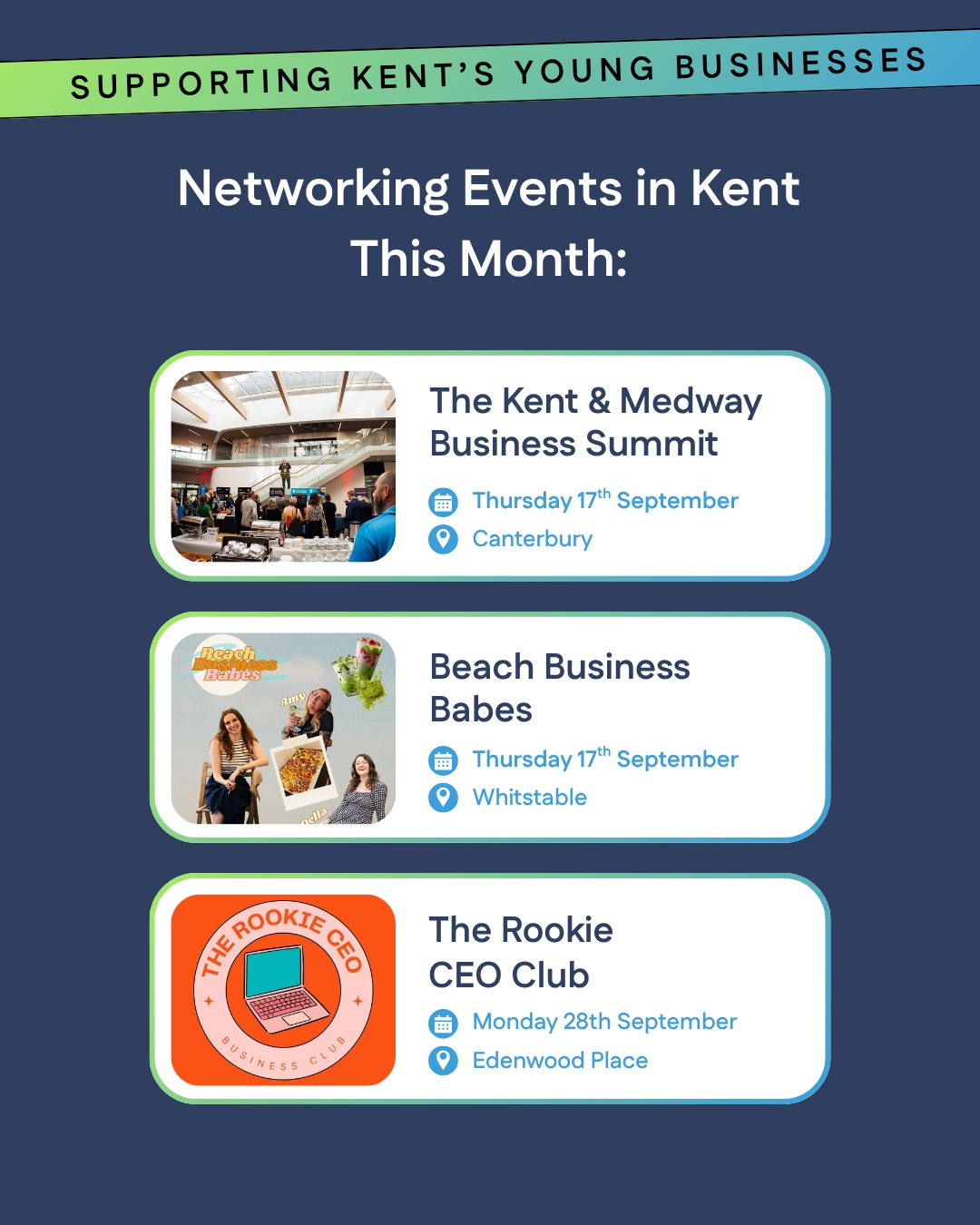 Get networking in September 🙌
Networking is a great way to grow your business connections and spread the word about your business. Here are just a few networking events happening across Kent in September!
🗓️ The Kent & Medway Business Summit - 17th September
Join business leaders, policymakers, educators, innovators and entrepreneurs at @kentbusinessschool for a dynamic, participant-led event exploring where the region is heading next.
🗓️ Beach Business Babes - 17th September
An evening of networking, the @beachbusinessbabes way! With matcha, creative activities and a talk from Creative Flow Events on building a non-conventional career and following opportunities.
🗓️ The Rookie CEO Club - 28th September
Join @therookieceo_ at Edenwood Place for an evening of real conversations, genuine connections, and practical insights, no awkward networking, no hard selling, just a room full of people figuring it out together.
Are there any other networking events, that should be on our radar? Let us know in the comments! 👇
#TheKentFoundation #KentNetworking #NetworkingInKent #KentBusinesses