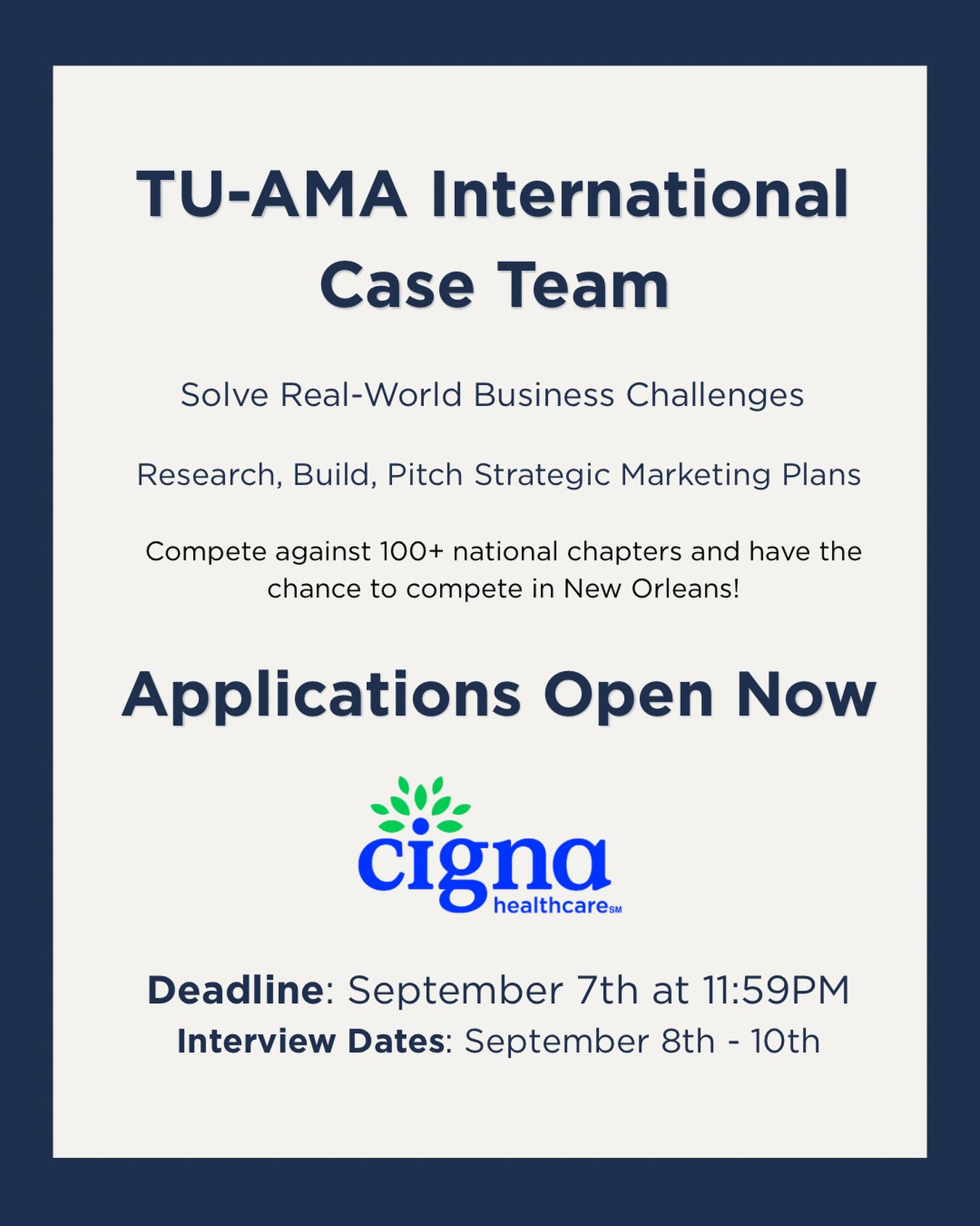 Hey Owls 🦉
Our Case Team Applications are now live! Learn how to solve real business problems and be apart of a nationally ranked team with a chance to compete in New Orleans!
Application Deadline : Tuesday, September 7th
Interest Form and Interview Sheet is located in the Linktree in our bio! 🍒