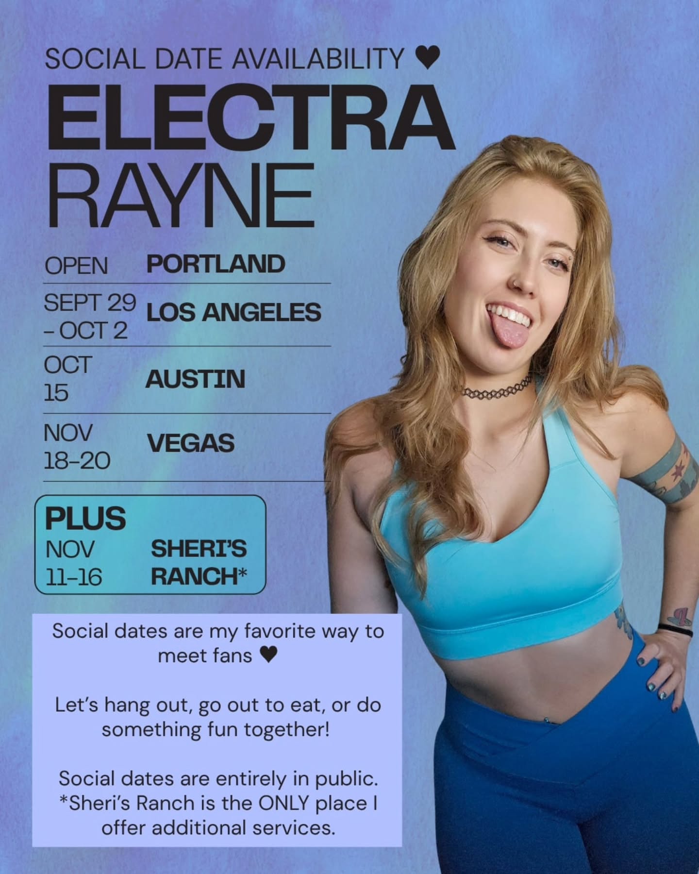 I'd love to meet some of you during my trips to LA, Austin, and Vegas! Or in Portland 💙
Want to show me your favorite restaurant? Go out dancing? Play a game together? Go to an arcade? Now's your chance!
I'll also be at Sheri's in November 😉